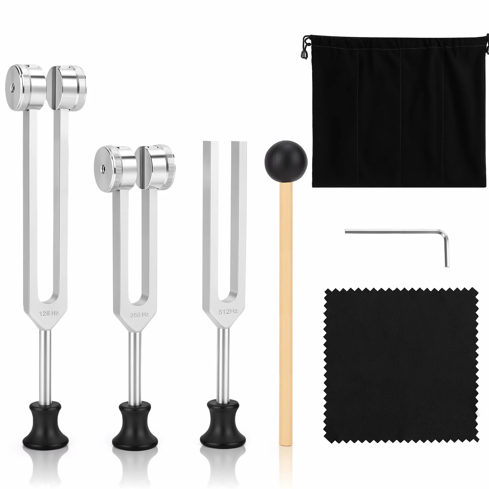 Zestaw precyzyjnych widełek do strojenia 128 Hz, 256 Hz, 512 Hz, profesjonalny stop aluminium, do terapii dźwiękowej, medytacji i leczenia czakr, silikonowe pałeczki, torba do przechowywania, joga