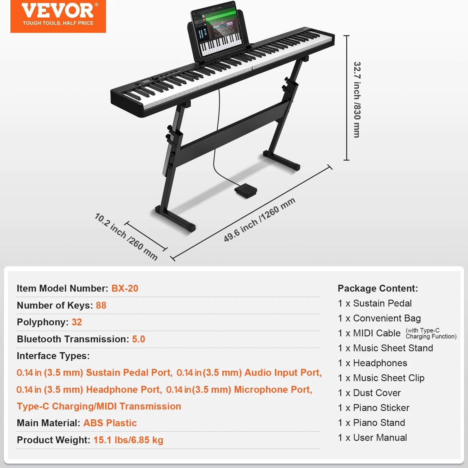 VEVOR 88 składanych klawiszy klawiatury fortepianu, Bluetooth i MIDI, cyfrowe pianino z podstawką na Sustain czułe na dotyk przyciski torby, akumulator dla początkujących nastolatków dorosłych,