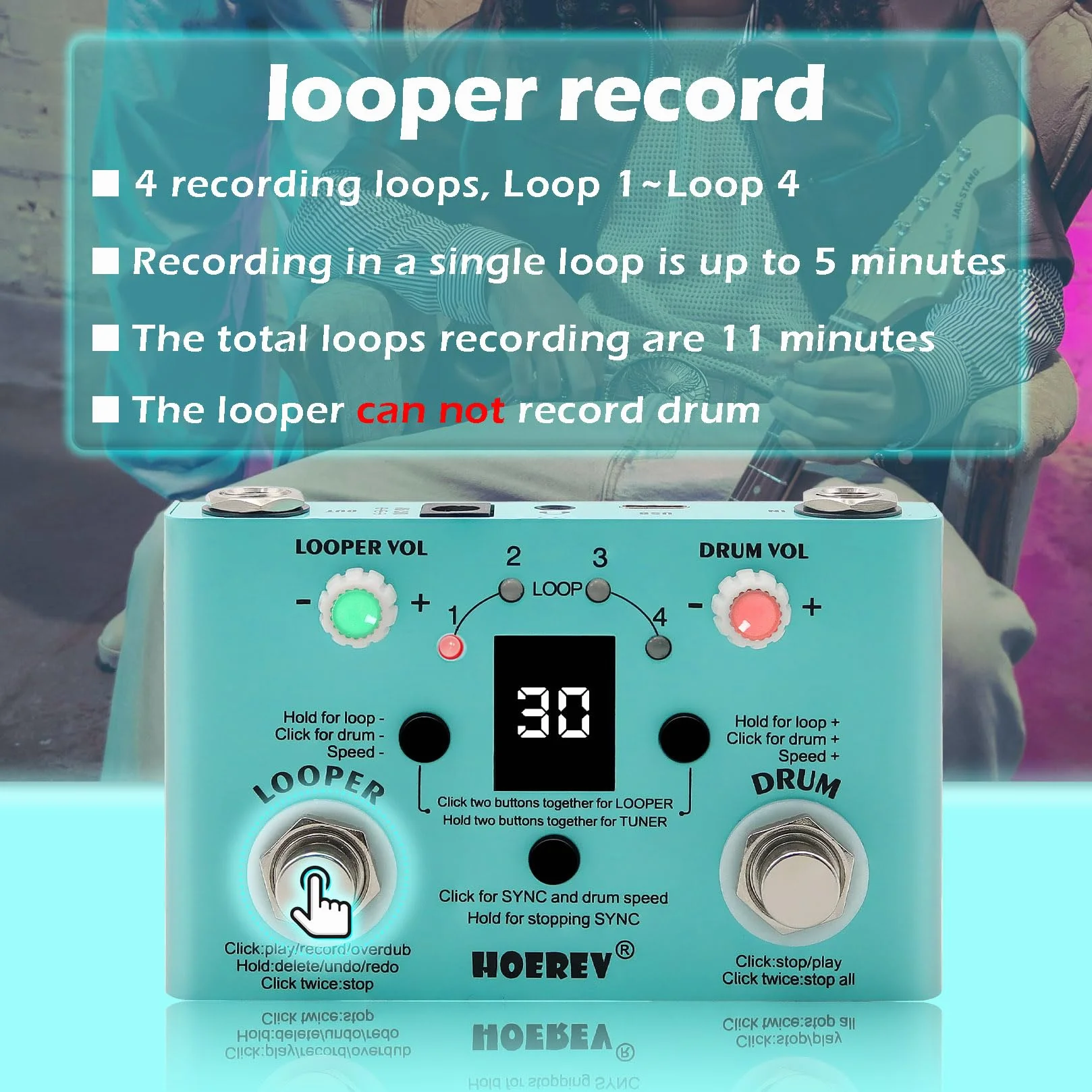 HOEREV Tuner bębna Looper efekt audio stacja robocza pedał gitarowy