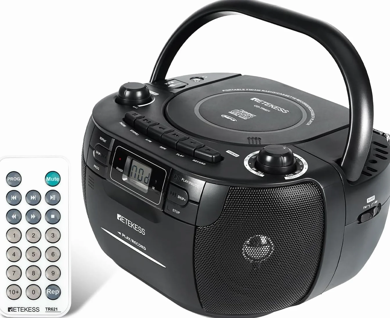 Retekess TR621 Przenośny Odtwarzacz CD Boombox Stereo z Radiem AM FM, Odtwarzacz Kasetowy, Magnetofon Kasetowy, Obsługa USB/TF/Słuchawek, z Pilotem (czarny)