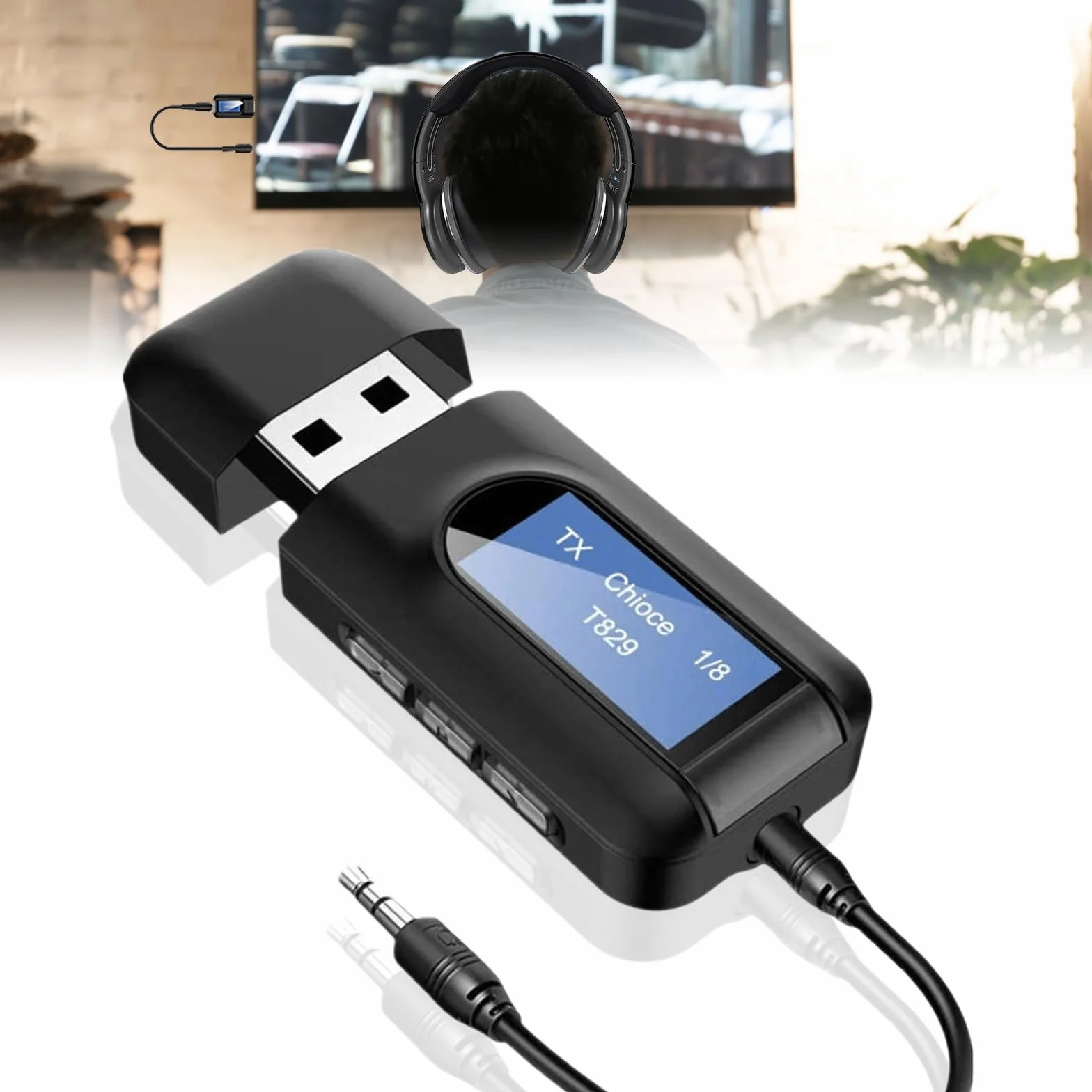 Adapter Bluetooth Audio: 2 w 1 USB Bluetooth 5.0 adapter do telewizora, nadajnika audio, odbiornika z ekranem LCD i jack 3,5 mm, niewielkie opóźnienie transmiter Bluetooth do komputera, słuchawek,