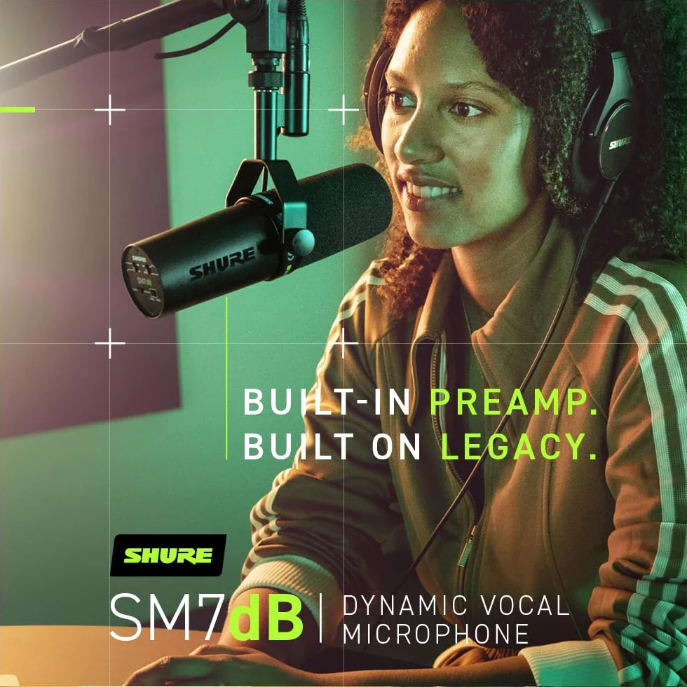Shure SM7dB Dynamiczny mikrofon wokalowy do transmisji, podcastów i nagrywania, szeroki zakres częstotliwości, ciepły i gładki dźwięk, solidna konstrukcja, zdejmowana osłona przeciwwietrzna - czarny