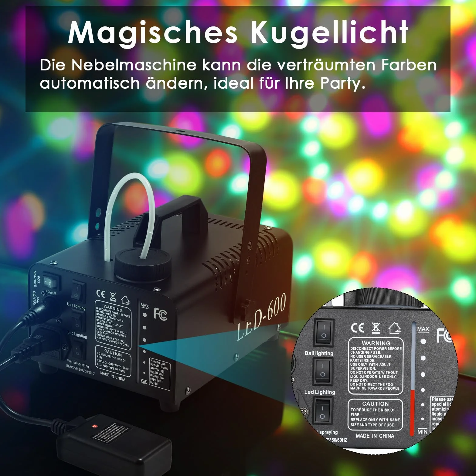 Fog Machine 600W 5000 CFM z Kulą Dyskotekową 6 LED RGB, Wytwornica Dymu