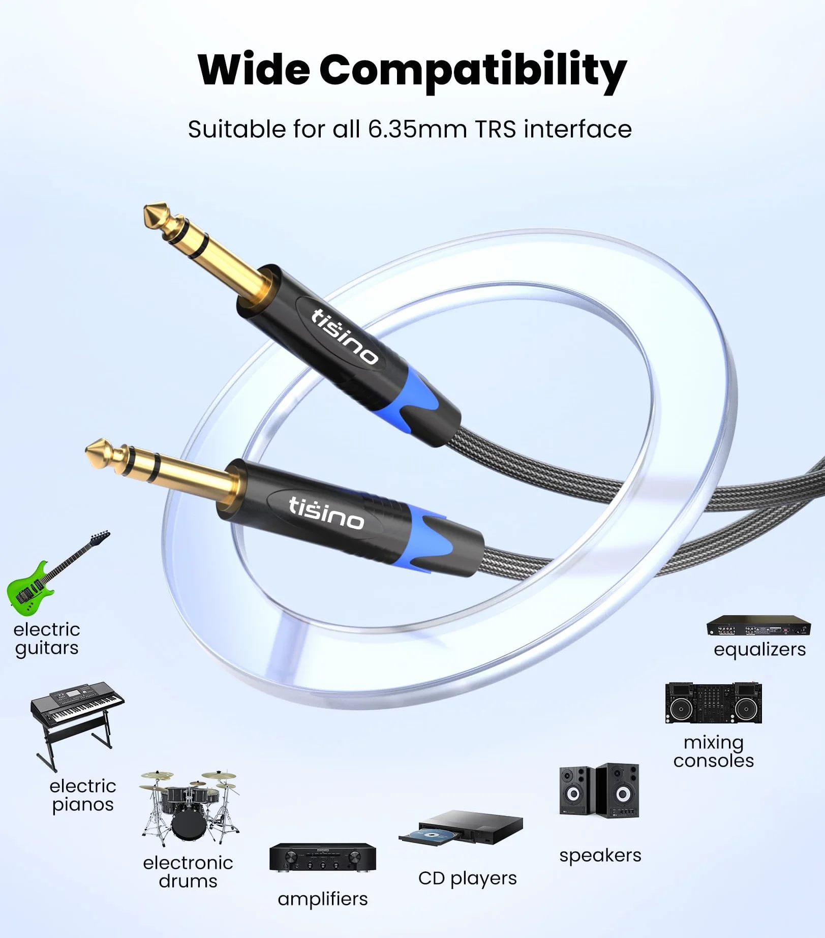 Tisino Kabel TRS 6,35 mm męski na męski, zbalansowany kabel audio jack 1/4 cala, nylonowy oplot, pozłacane złącza, do monitorów studyjnych, miksera, wzmacniacza, gitary, basu i keyboardu-2m