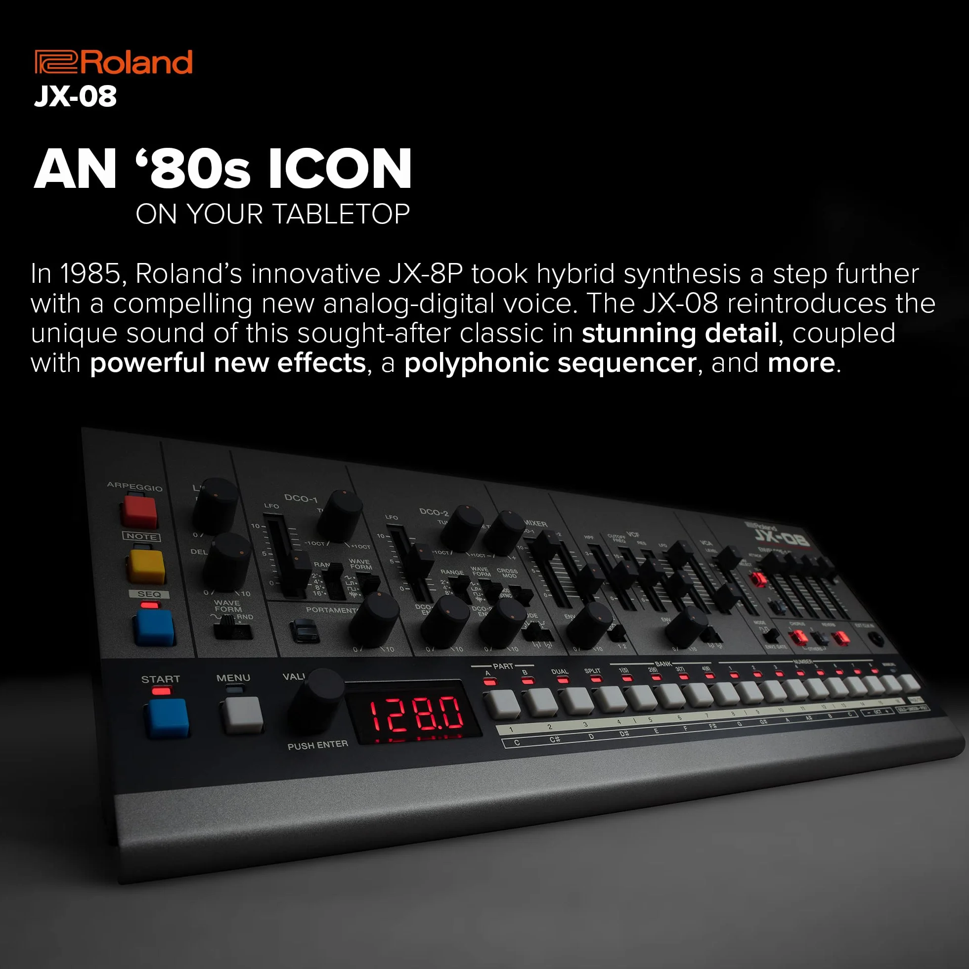 Syntezator Roland Boutique JX-08 – Kompaktowa, Nowoczesna Reedycja Legendarnego Roland JX-8P z 1985 roku z Nowymi Efektami, Sekwencerem Polifonicznym i nie tylko – Lekkie, Mobilne