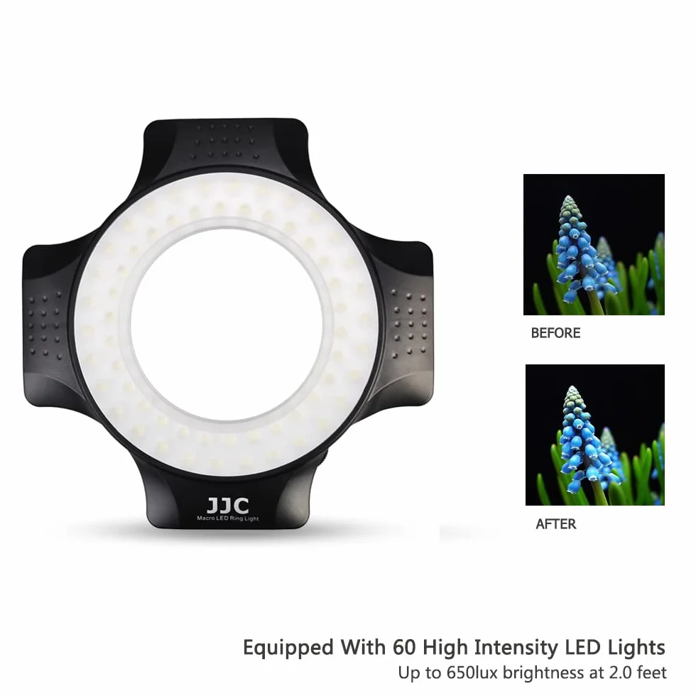 JJC Makro LED lampa pierścieniowa z 60 diodami LED o wysokiej intensywności, dyfuzor lampy błyskowej do obiektywu Canon Sony Nikon Olympus Fuji DSLR, 6 pierścieni dopasowania obiektywu - od 49 mm do