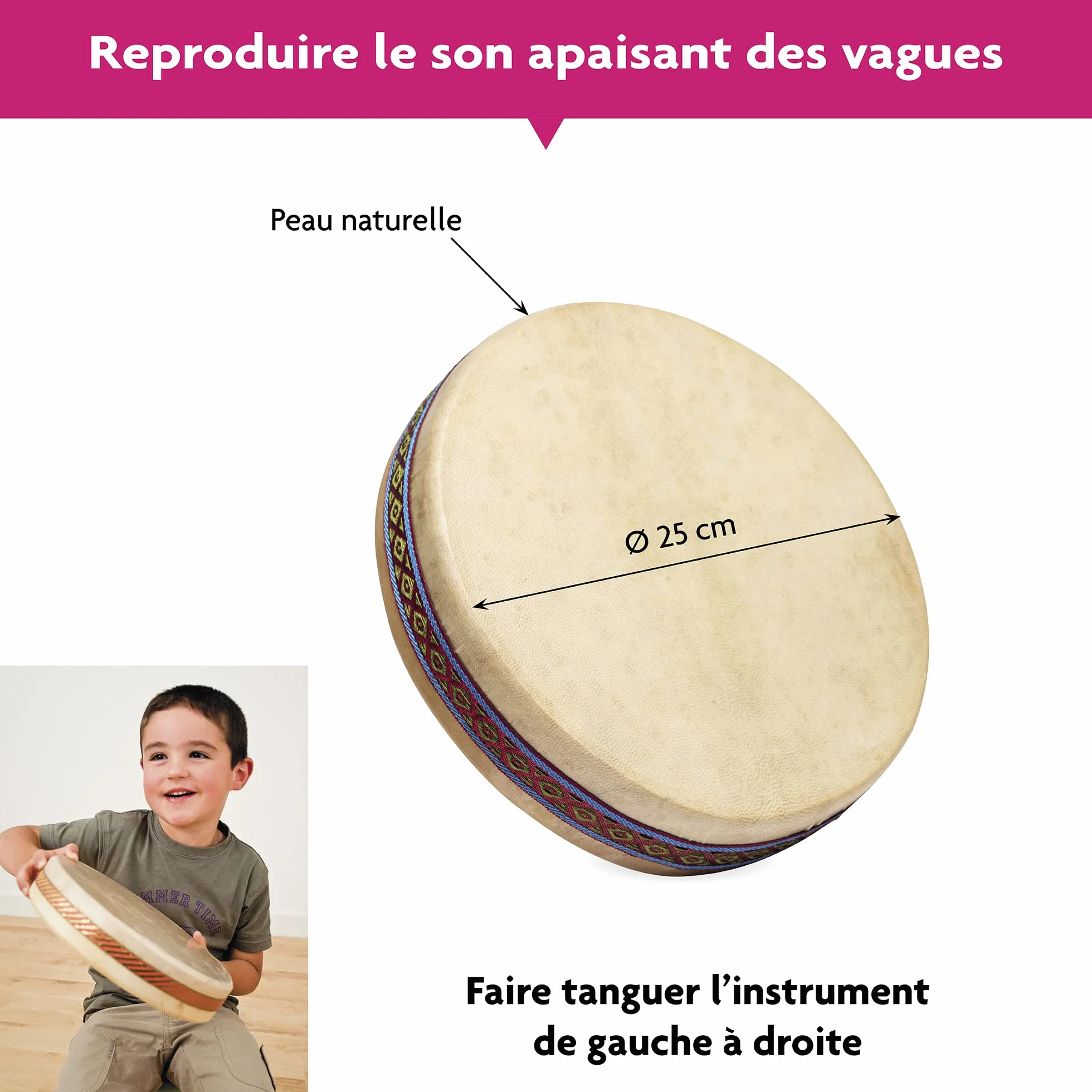 FUZEAU - 70625 - Ocean Drum - Bęben oceaniczny z naturalną skórą Ø 25 cm - Imituje dźwięk morza - Relaks - Muzykoterapia - Atmosfera natury - Od 5 lat, beżowy (Assorted)