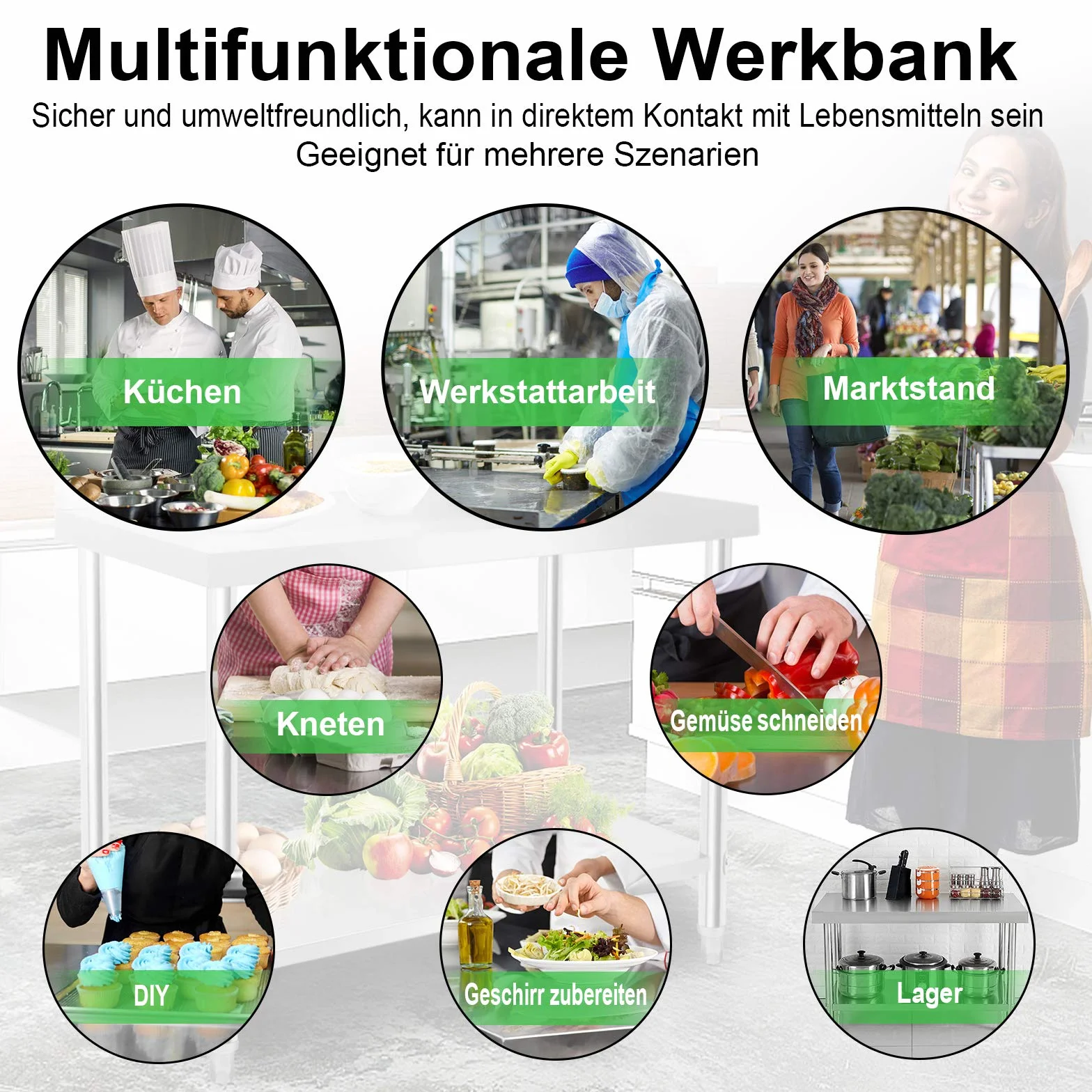 UISEBRT Stół roboczy ze stali nierdzewnej z narożnikiem, stół kuchenny ze stali nierdzewnej z regulowanymi nóżkami, stół kuchenny z bardzo dużą dolną półką, 120 x 60 x 85 cm, z zagięciem