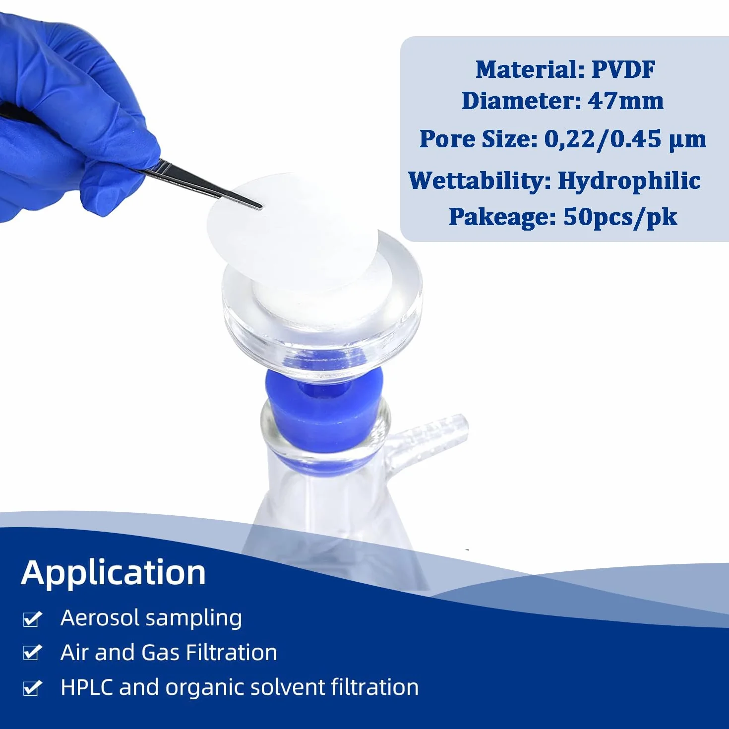 PVDF filtr membranowy do szyb, hydrofilowy, średnica 47 mm, rozmiar porów 0,22 µm, opakowanie 50 sztuk