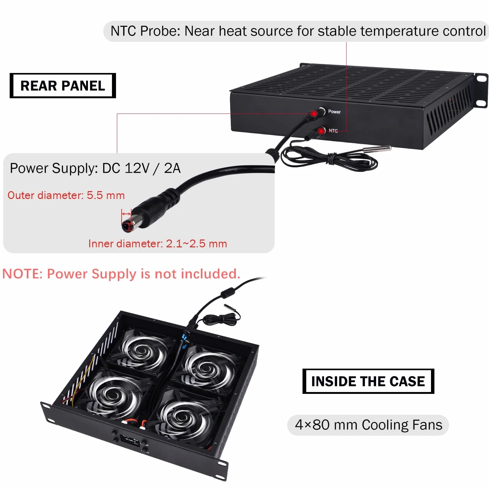 GeeekPi 10-calowy 1U Rackmount Fan Taca z wyświetlaczem OLED, 4 sztuk 80mm aktywne wentylatory do 10-calowego mini serwera rack, kompatybilny z DeskPi RackMate T0 / T1 / T2 / T0 Plus / T1 Plus / TL1