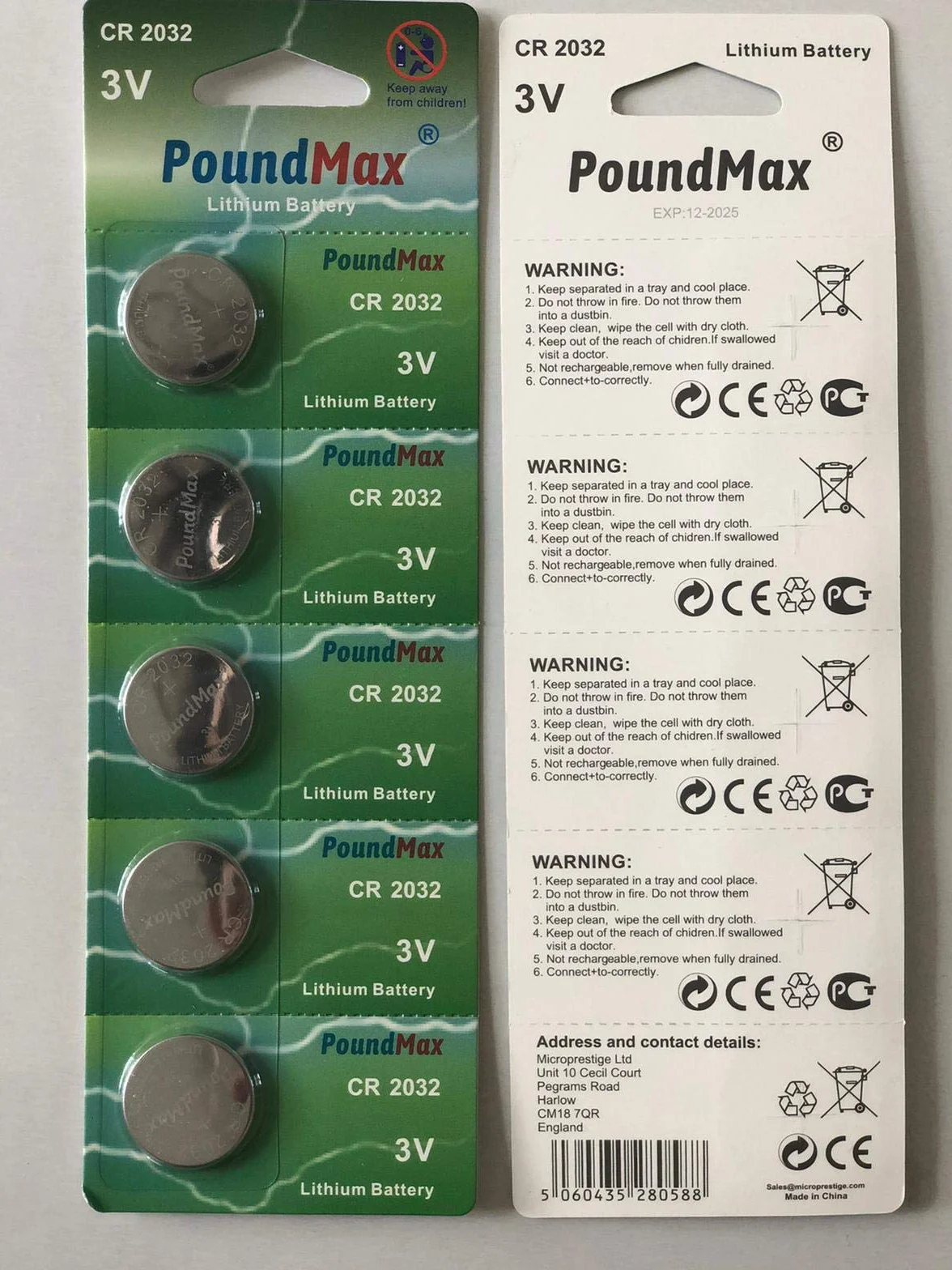 Poundmax Ogniwo Guzikowe CR2032 3V Litowe Baterie, 10 Sztuk