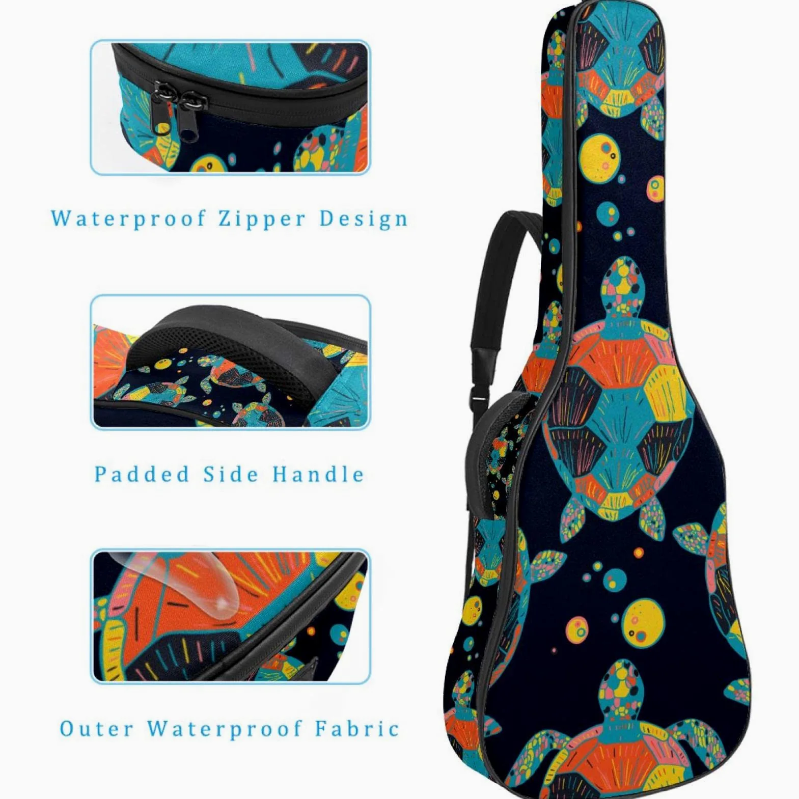 Torba na gitarę akustyczną, wodoodporny plecak na gitarę, gruby, miękki, wyściełany, małe, białe kropki na czarnym etui na gitarę klasyczną, Kolor8, 42.9x16.9x4.7 in, Organizer do torby