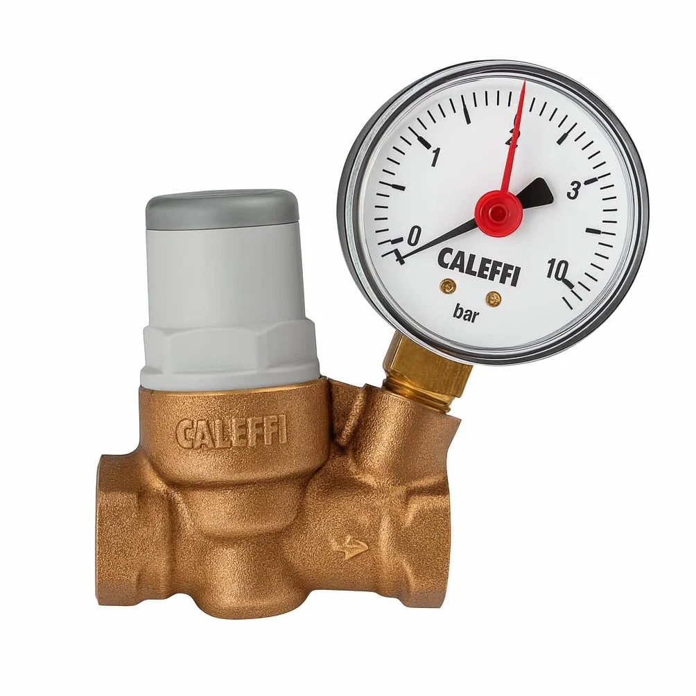 CALEFFI mikro-ukośny reduktor ciśnienia 3/8" cala do 80°C, zakres regulacji ciśnienia od strony wyjściowej 0,8 do 4 bar (z manometrem)