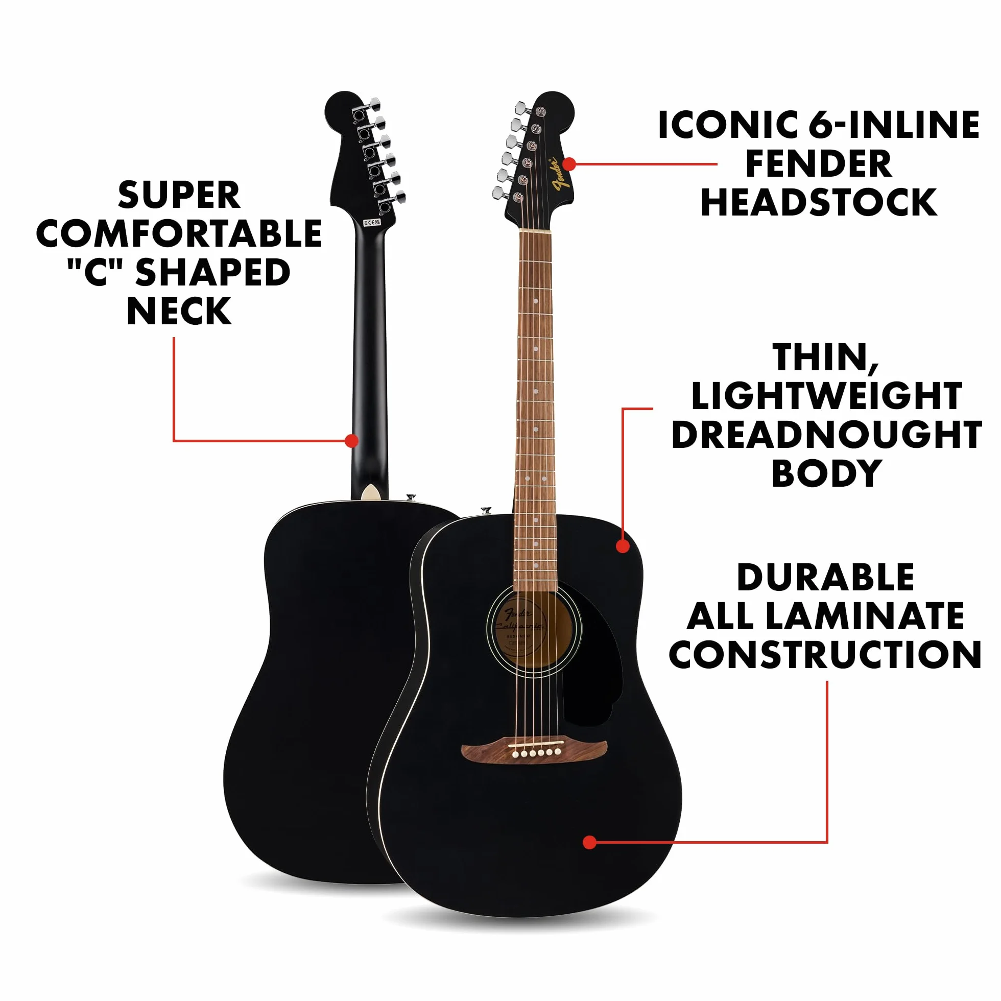 Fender California Debut Redondo Dreadnought gitara akustyczna, świerkowa góra, czarna maskownica, czarna