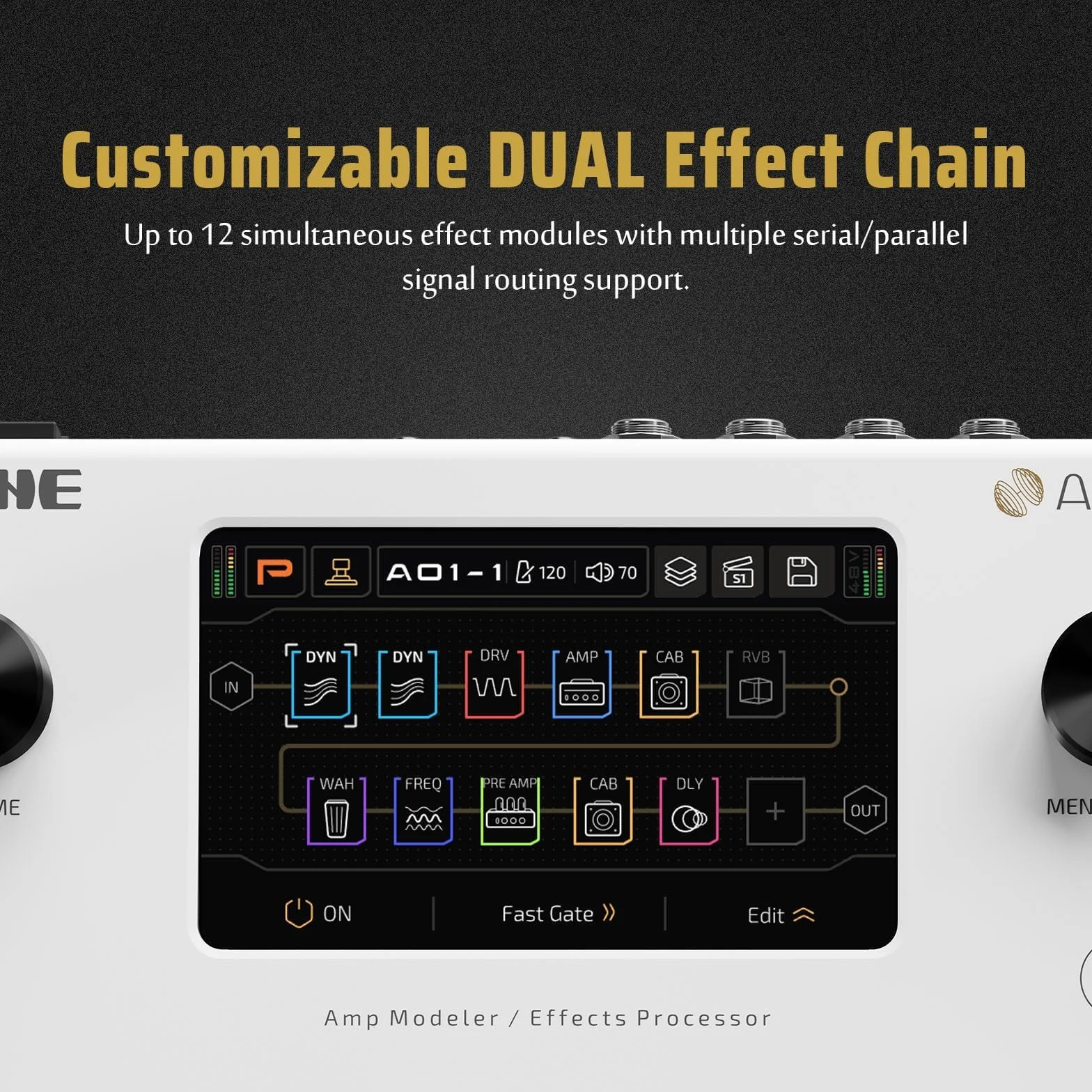 HOTONE Multi-Effects Podwójny łańcuch efektów Kabiny IR Kabiny modelowanie gitary basowej z pedałem ekspresji Pętla FX I/O MIDI Interfejs audio USB OTG Stereo Ampero II