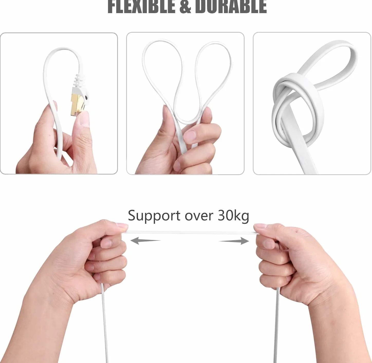 Elfcam® Kabel Ethernet Cat 7 o długości 15 metrów, płaski kabel RJ45 LAN, szybki internetowy kabel do transmisji danych, 100% miedź, STP, 32 AWG, biały