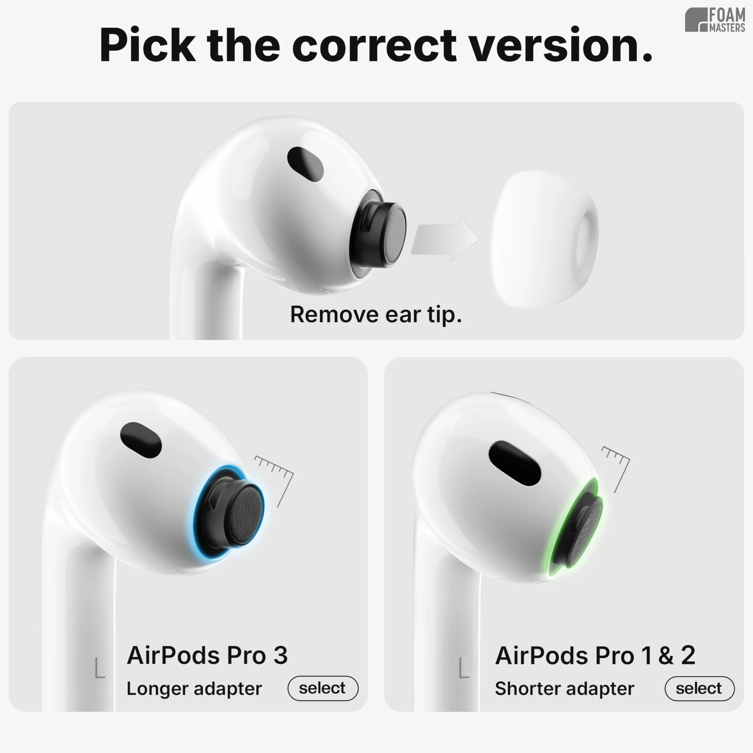 Foam Masters Końcówki douszne z pianki z pamięcią kształtu, Ultra Premium, do AirPods Pro 1. i 2. generacji, 3 pary, ulepszona wersja, bezpieczne dopasowanie, super komfort, lepsza redukcja szumów