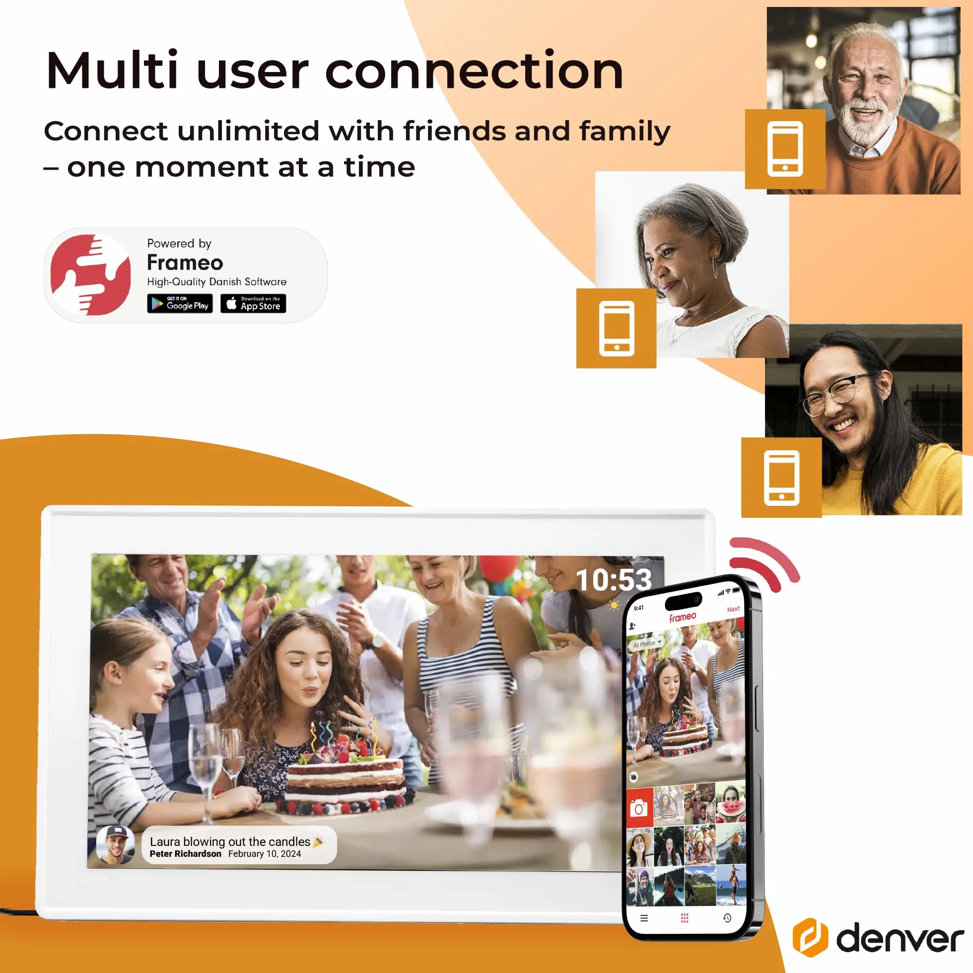 Denver PFF-1515W cyfrowa ramka na zdjęcia Wi-Fi – ekran dotykowy Full HD IPS 15,6", zintegrowane oprogramowanie FRAMEO, bezprzewodowe udostępnianie, automatyczne wyłączanie nocne, pamięć 16 GB, biała