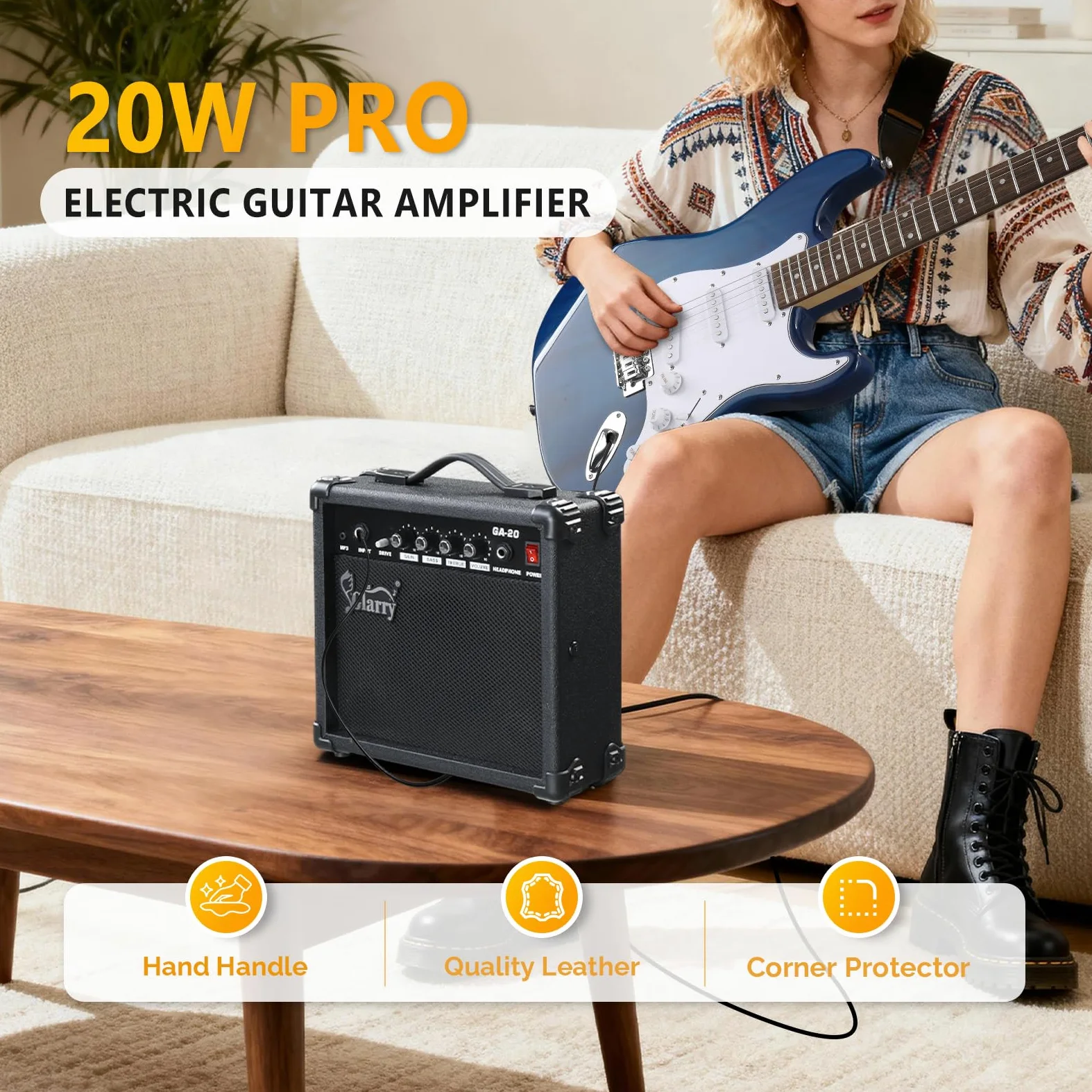 GLARRY Wzmacniacz do gitary elektrycznej, przenośny wzmacniacz lampowy do gitary z wejściem słuchawkowym MP3, wzmacniacz gitarowy 20 W, akcesoria głośnikowe z kontrolami basu, głośności, wysokich i