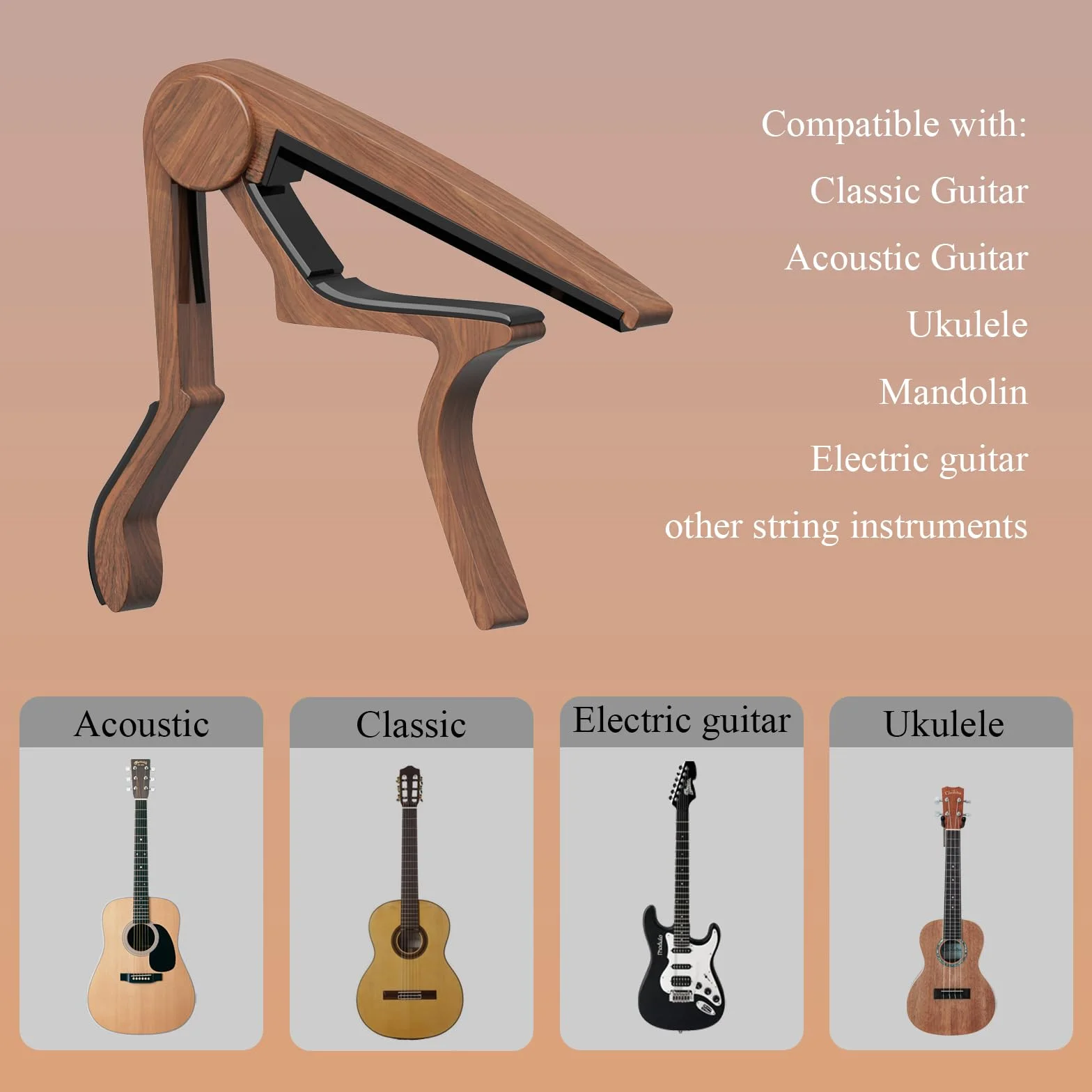 Kapodaster do gitary akustycznej, klasycznej, elektrycznej, ukulele, mandoliny, banjo i innych instrumentów muzycznych, szybkie zapięcie, podkładka silikonowa z pamięcią kształtu, bez brzęczenia