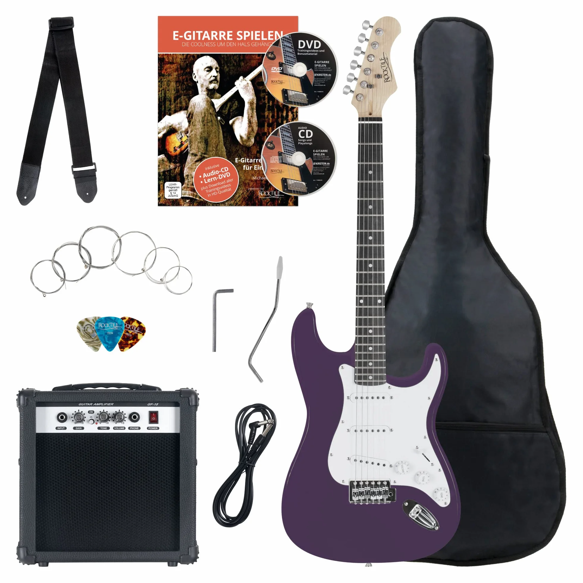 Rocktile Banger's Pack kompletny zestaw gitara elektryczna, fioletowy (wzmacniacz, tremolo, torba, kabel, pasek, kostka, struny zapasowe i szkoła z CD/DVD)