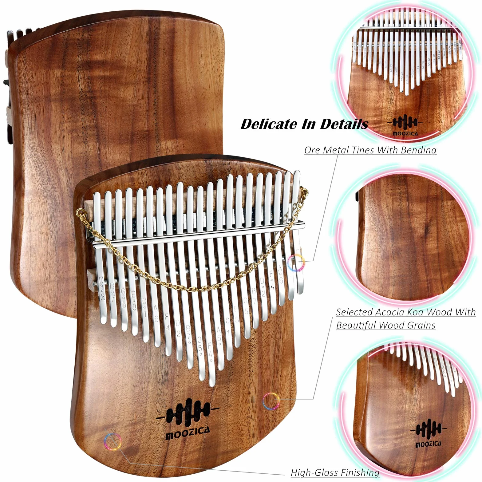 MOOZICA Kalimba pianino kciukowe z 21 klawiszami z litego drewna koa, płaska płyta z litego drewna, profesjonalna kalimba-marimba z instrukcją nauki i torbą do przenoszenia (Akazie-Koa, 21 klawiszy)