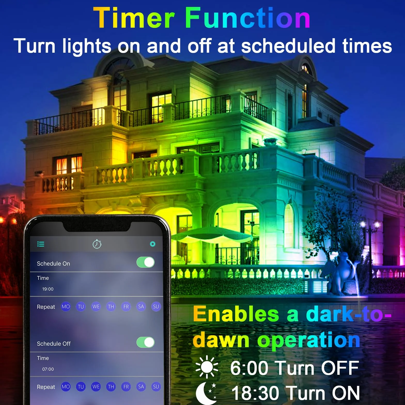 Reflektor zewnętrzny LED RGB 60 W, pilot zdalnego sterowania, aplikacja Bluetooth, 16 milionów kolorów i tryb stroboskopowy, timer, 6000 lm, 2700 K, IP66, 2 sztuki