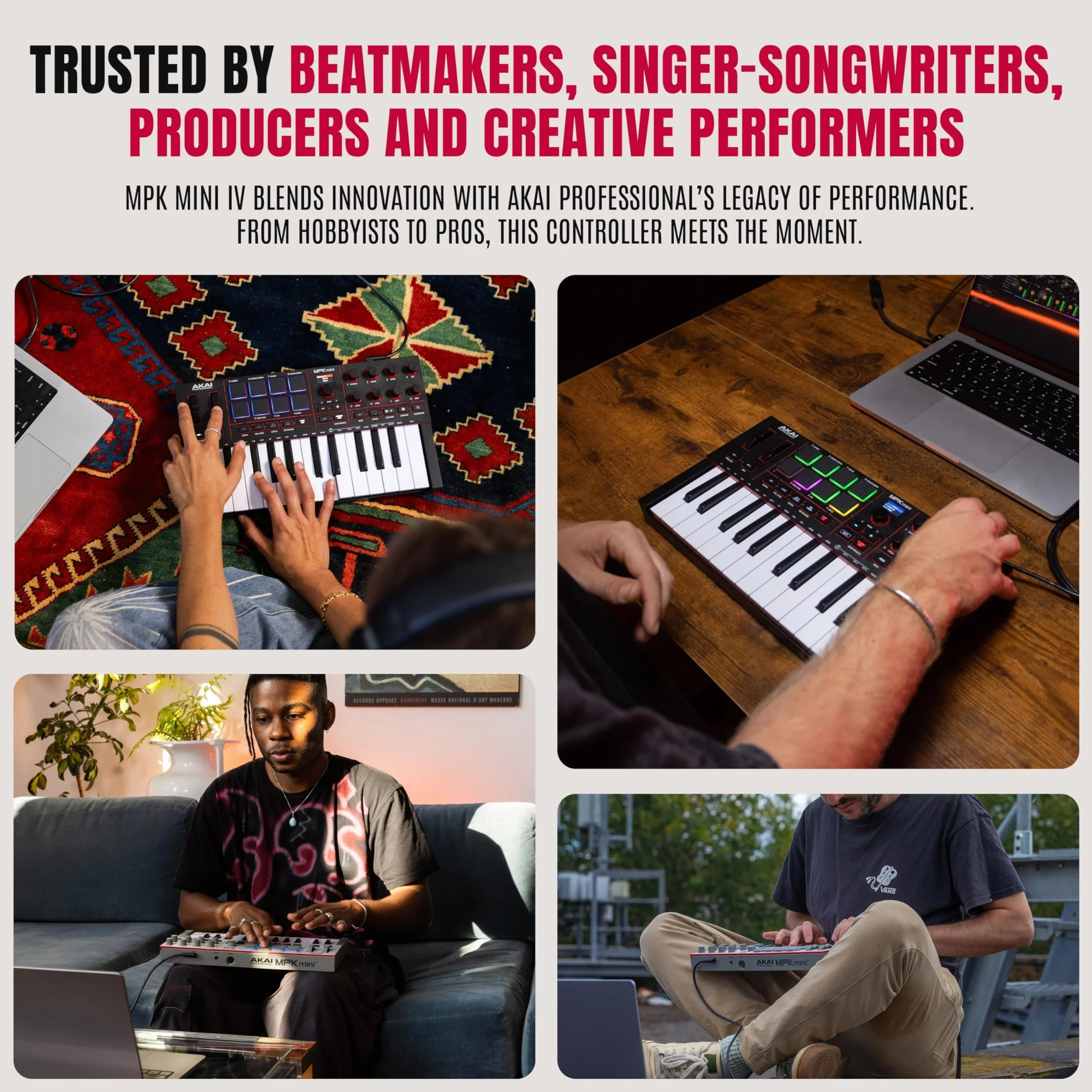 Akai Professional MPK Mini IV Klawiatura MIDI USB-C dla Początkujących i Producentów- Pady Perkusyjne MPC, Koła Pitch & Mod, Oprogramowanie do Produkcji, Pakiet Pźwiękowy Native Instruments, Szary