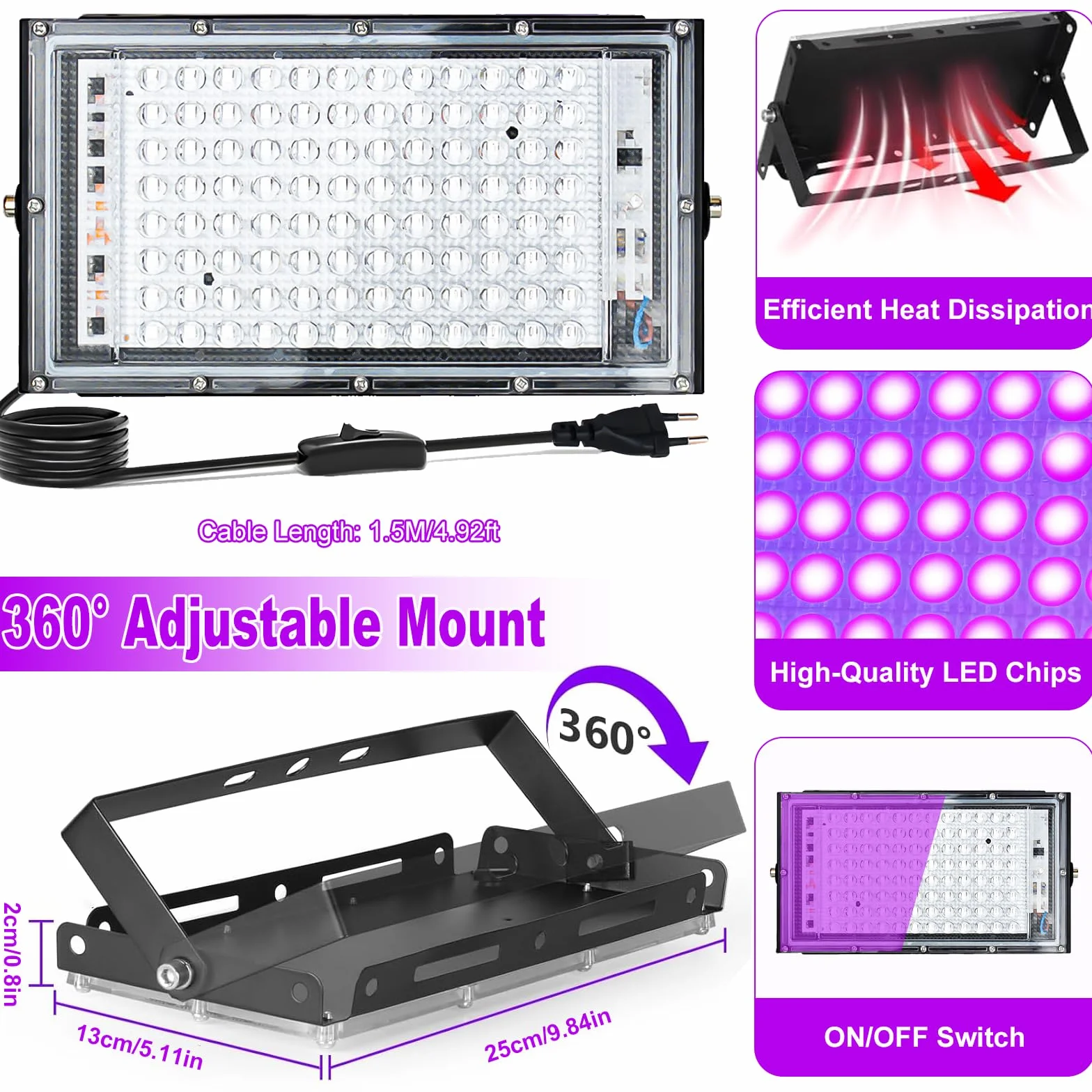 Reflektor UV z czarnym światłem 100 W, 395-400 nm, czarne światło, IP66, wodoszczelny reflektor LED UV z wtyczką, czarne światło, światło UV na imprezę neonową, dyskotekę, Halloween