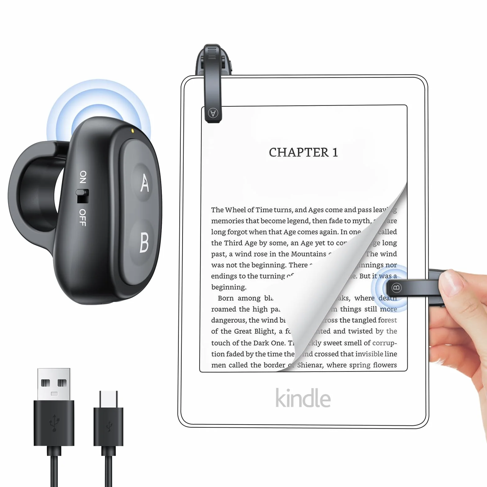 Pilot RF, Kindle Page Turner z ładowaniem USB-C, klips A i B, wskaźnik LED, zabezpieczenie przed odciskami palców, długi czas czuwania dla czytników e-booków — łatwa obsługa jedną ręką