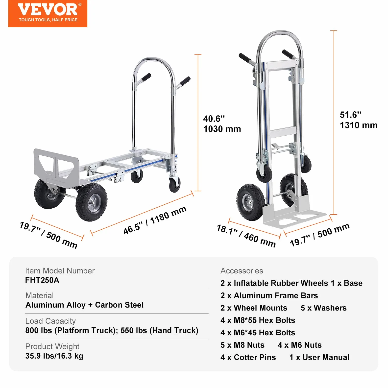 VEVOR Aluminiowy Składany Wózek Transportowy 2 w 1 Do Przenoszenia Ładunku 363 kg Na Platformę Z Kołami Gumowymi Do Transportu Towarów Magazynowych