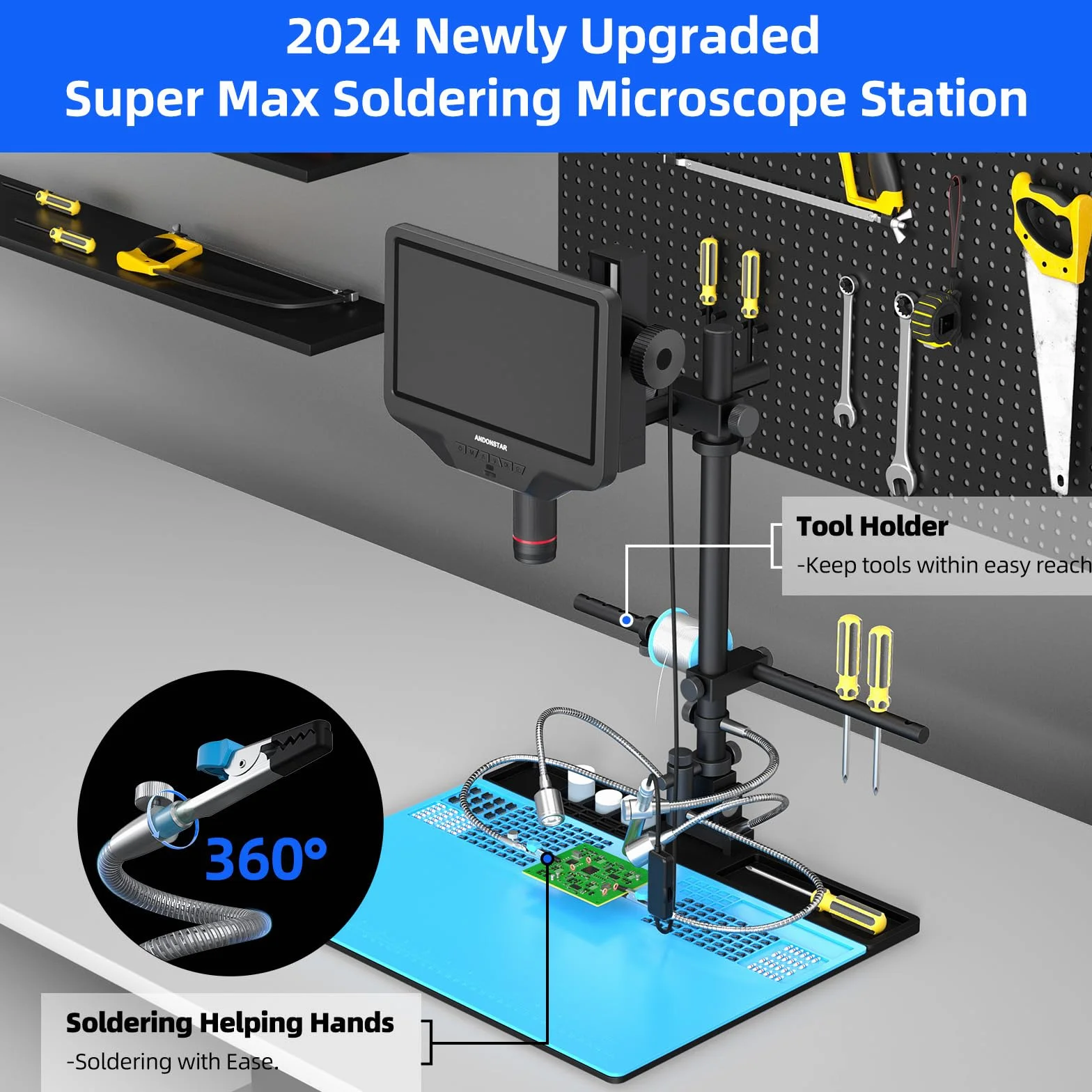 Andonstar AD409 Max cyfrowy mikroskop HDMI ze stacją lutowniczą, endoskopem, 10,1-calowym ekranem LCD, kamera mikroskopowa 300X USB do profesjonalnego lutowania PCB, obsługuje Windows PC
