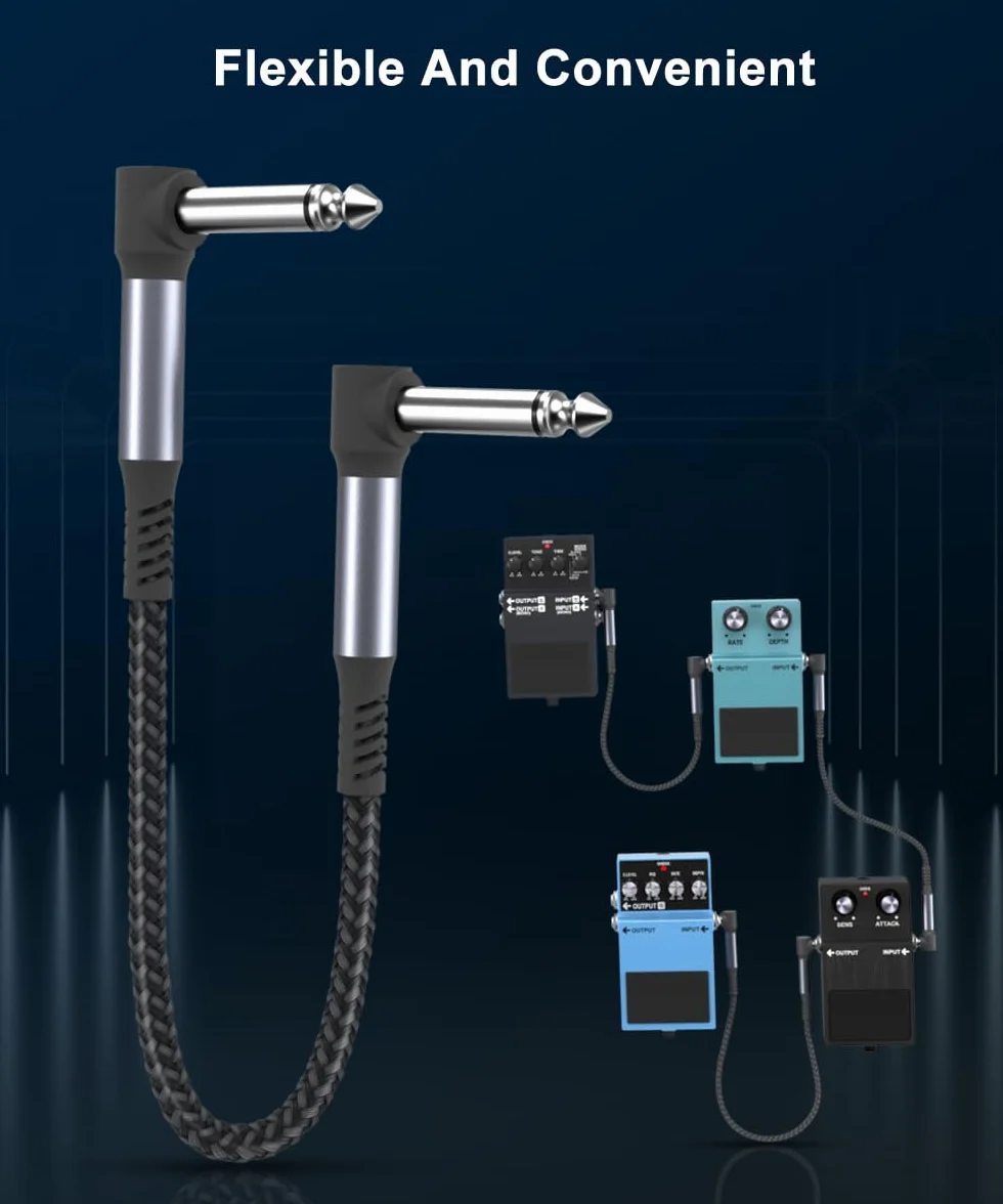 Elebase Zestaw kabli gitarowych, 6 sztuki, 0,15 m, 6,35 mm, wtyk 1/4 cala, kabel do instrumentów, pedalboardów, nylonowy oplot, kabel audio z ekranowaniem, miedź TS, do efektów gitarowych