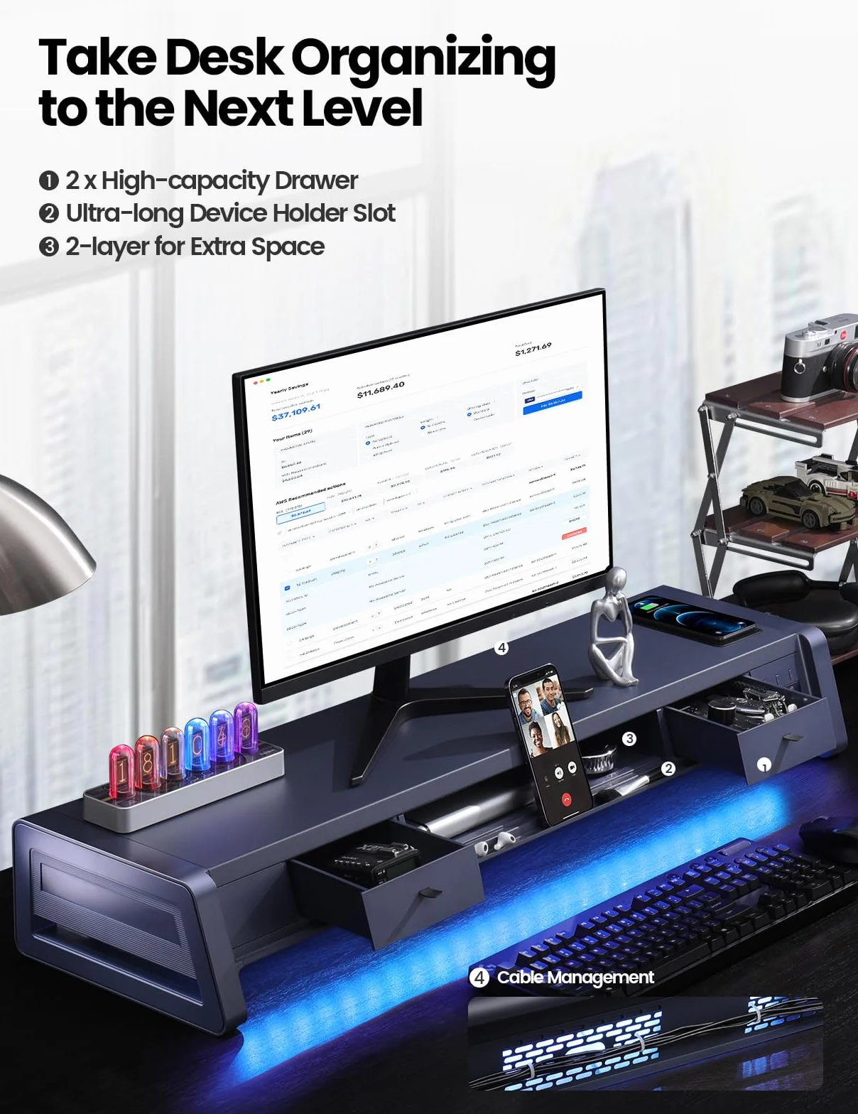 VAYDEER Podpórka pod monitor z 2 monitorami [Multi-USB] [podstawka na telefon komórkowy] [szuflada] [organizer na kable] [4 tryby LED] akcesoria do biurka, do laptopa, komputera, 50 kg (biała)