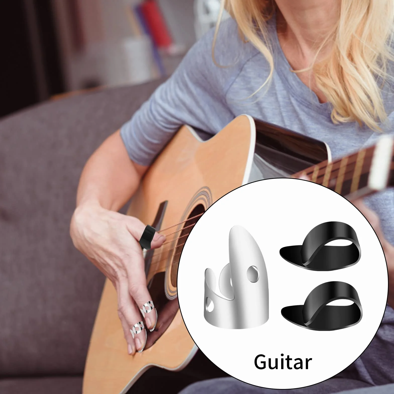 ASTER 6-częściowy zestaw stalowych kostek gitarowych, w tym kostki na palec kciuk, regulowane plektrony na palec banjo, do gitary, basu, ukulele