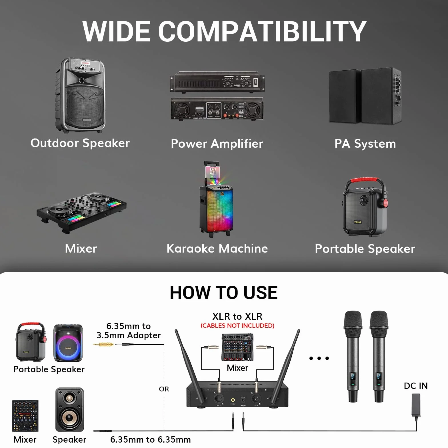 TONOR Bezprzewodowy System Mikrofon Ręczny Inalambrico, Zasięg UHF 80m, 2 * 100 Mikrofony Stabilną Transmisją Karaoke, Slub, Impreza, Kościół, Czytanie, Regulowana Głośność, Szybkie Wyciszenie, TW520
