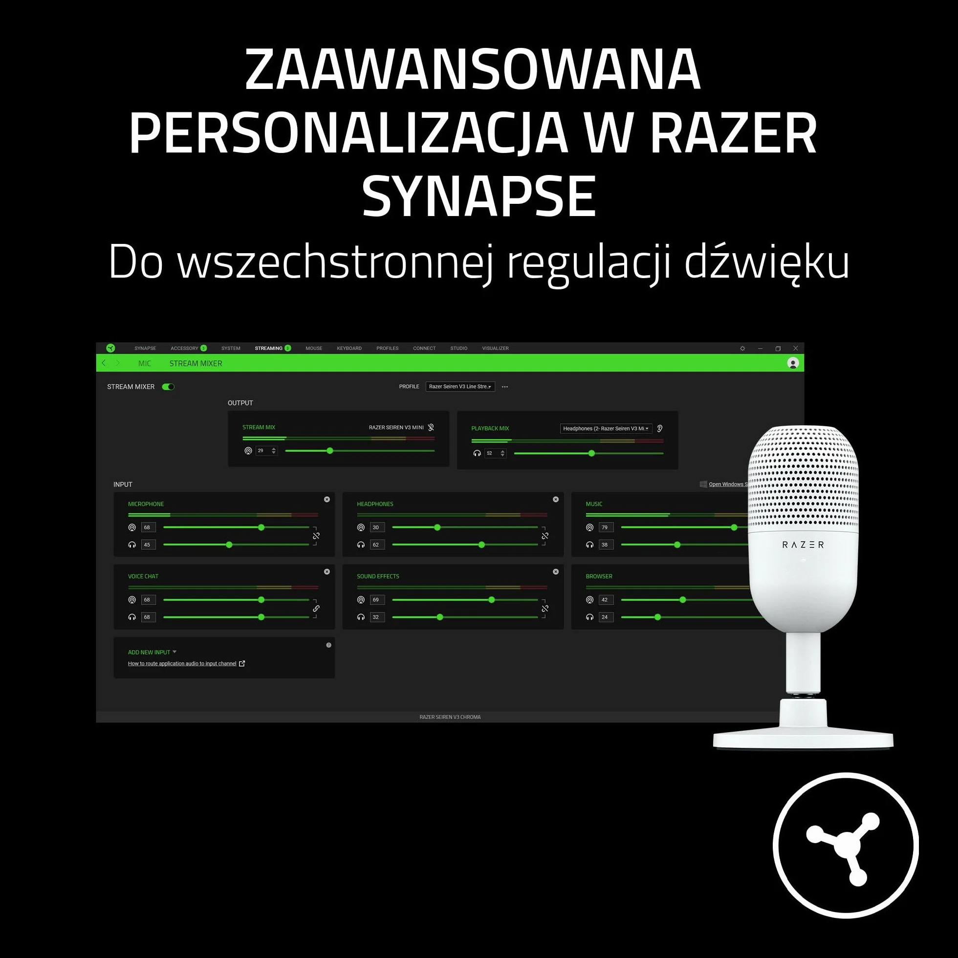 Razer Seiren V3 Mini - Ultrakompaktowy mikrofon USB (14 mm mikrofon pojemnościowy, superkardioidalna charakterystyka kierunkowa, czujnik wyciszenia z diodą LED, pochłaniacz wstrząsów) Biały