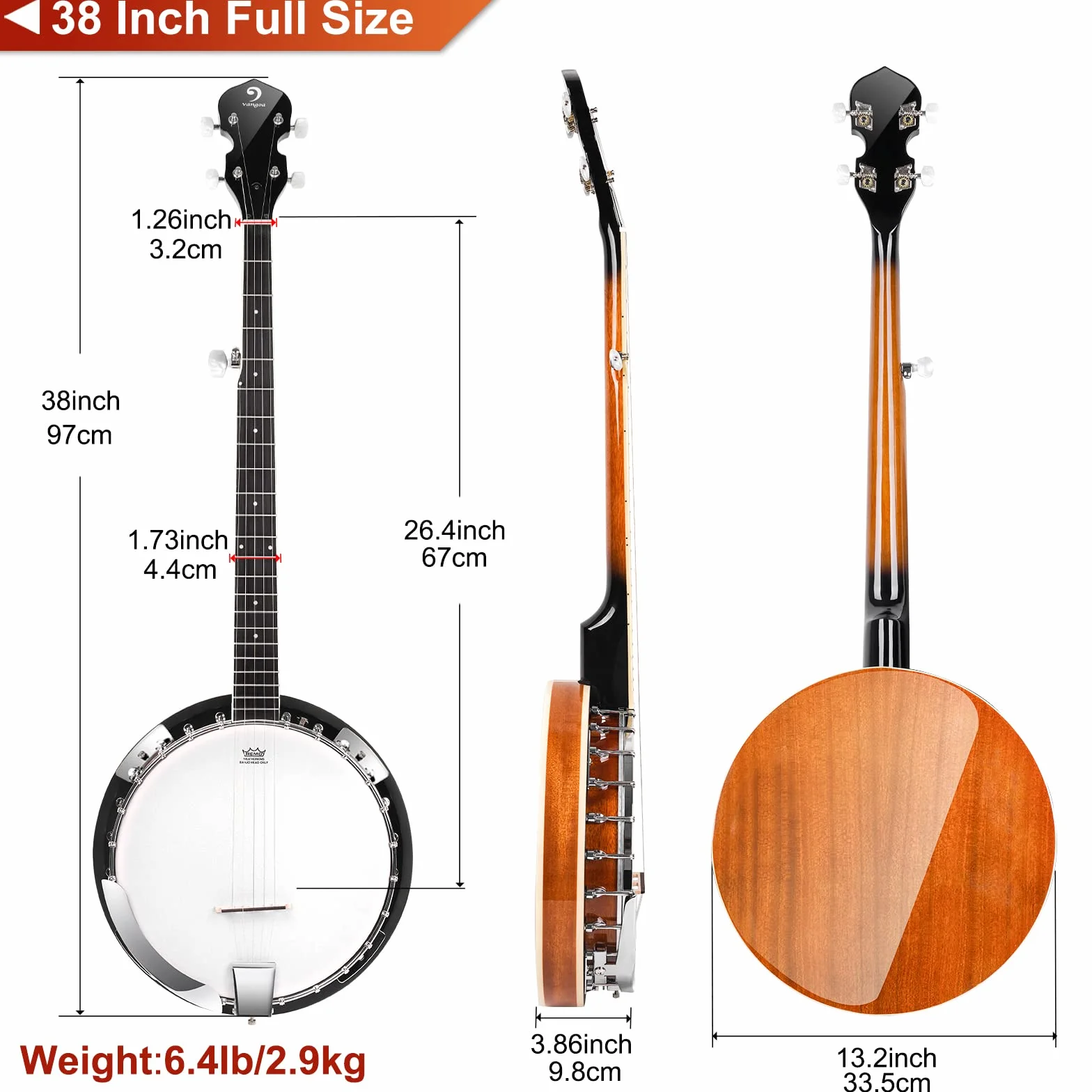 Vangoa 5 Saiten Banjo Remo Kopf geschlossen Solid Back Banjos mit Anfänger Kit, Stimmgerät, Strap, Pick-up, Saiten, Picks und Tasche