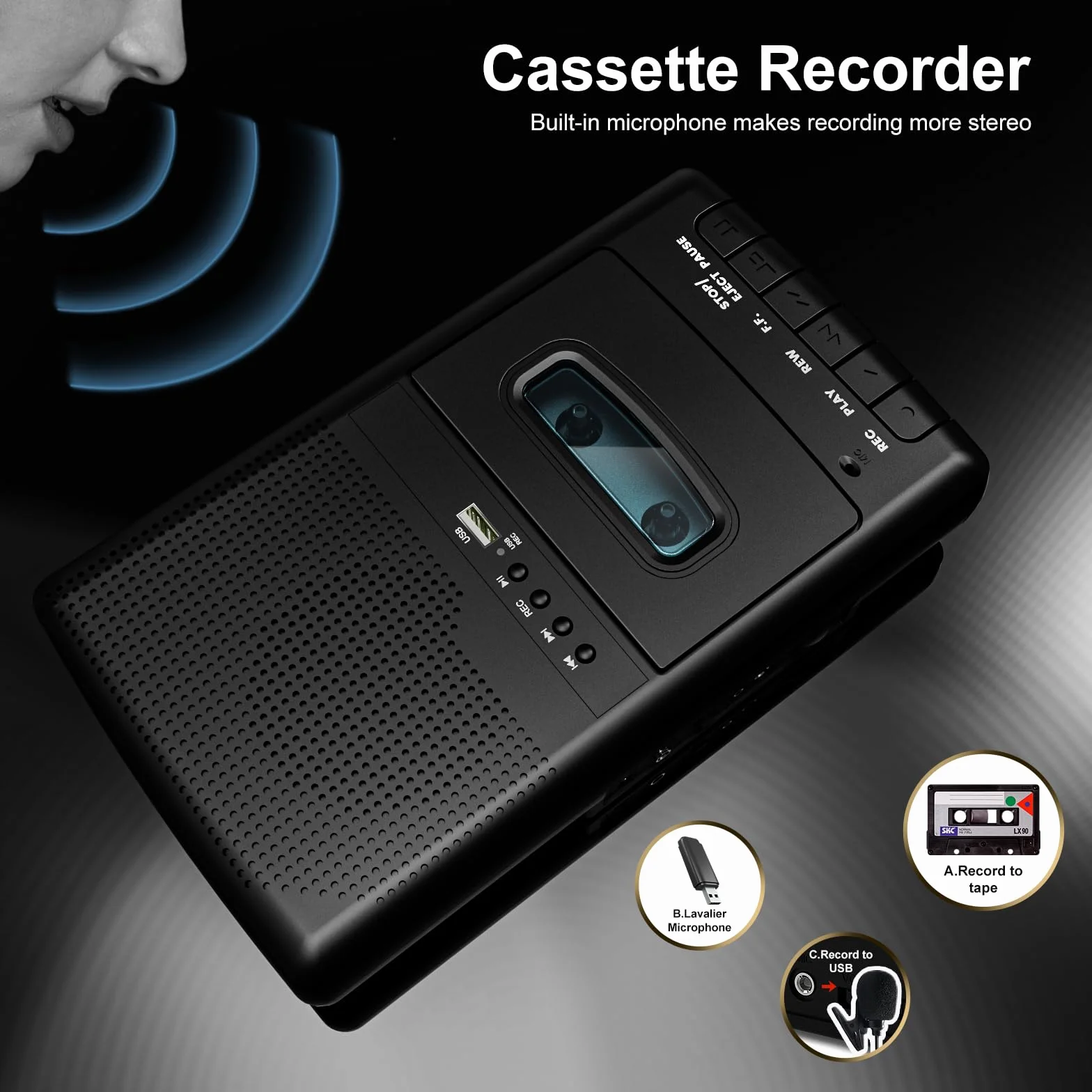Przenośny magnetofon kasetowy z nagrywaniem One Touch, mobilny odtwarzacz kasetowy i digitizer USB, wbudowany głośnik, wysuwany uchwyt, słuchawki 3,5 mm, czarny