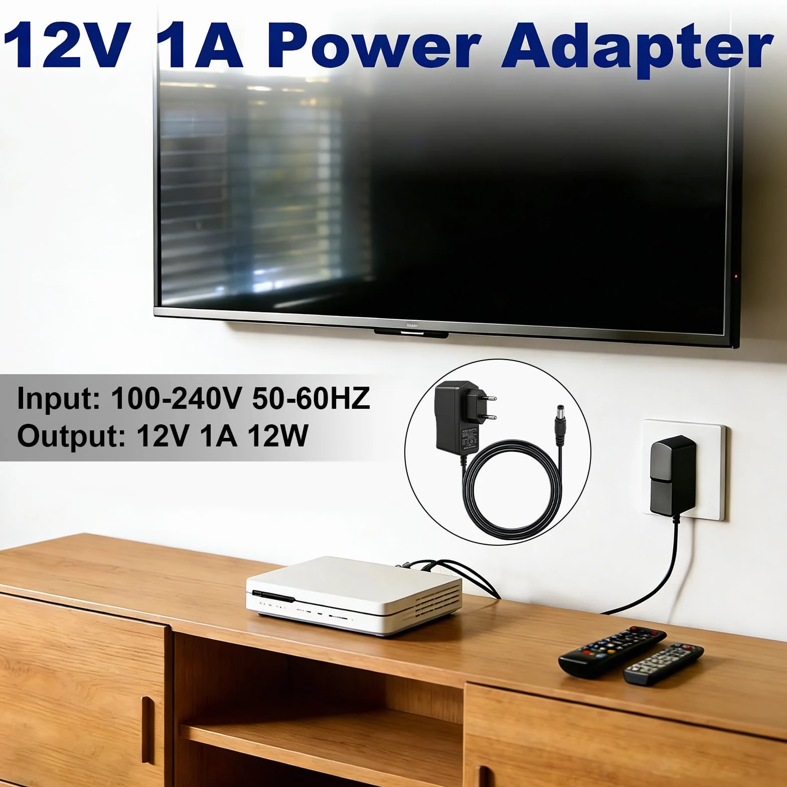 Uniwersalny zasilacz sieciowy 12 V, 12 W, zasilacz AC 100-240 V 50/60 Hz, 12 V uniwersalny zasilacz ze złączem 5,5 x 2,5 mm, ładowarka do taśm LED TV Box, router, 1 M