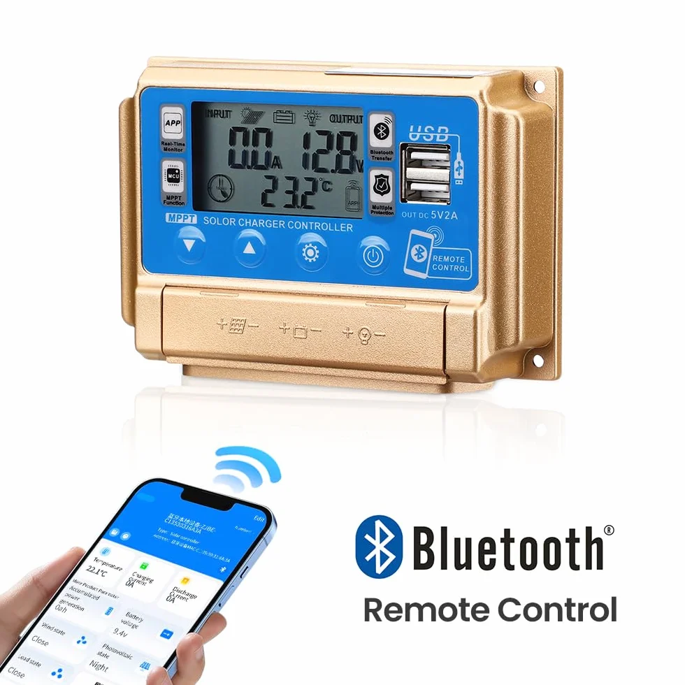 Solarny regulator ładowania MPPT 30 A, ładowarka solarna 12 V/24 V, autofokus, MPPT Tracking Charge z wyświetlaczem Bluetooth LCD, podwójny USB, regulator ładowania, kilka trybów sterowania