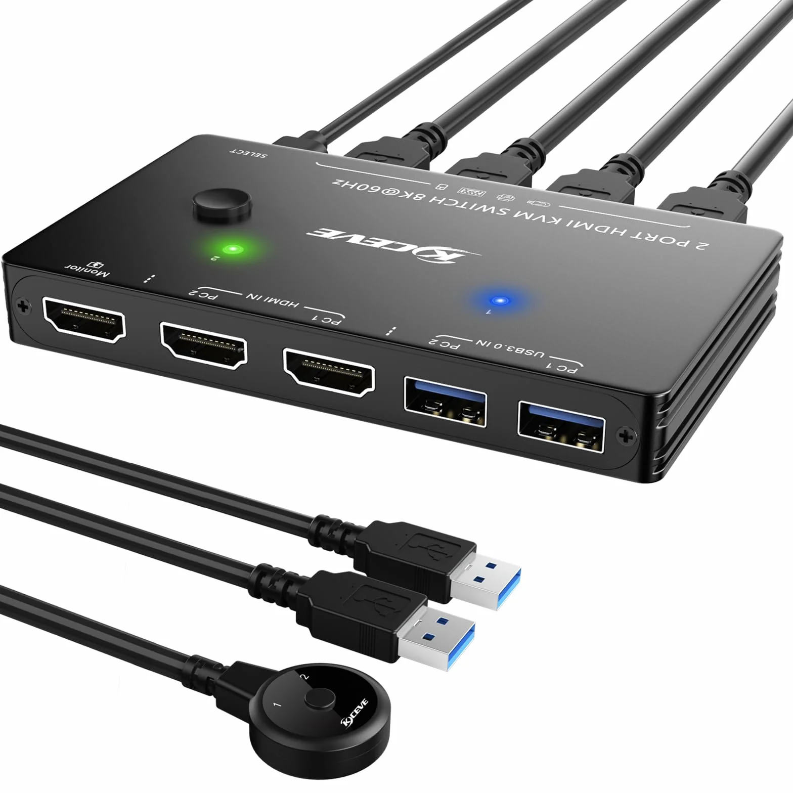 Przełącznik KVM 8K@60Hz 4K@120Hz, ESKEVE HDMI KVM Switch dla 2 komputerów dzielących 1 monitor i 3 urządzenia USB3.0, przewodowy pilot zdalnego sterowania i kabel USB w zestawie