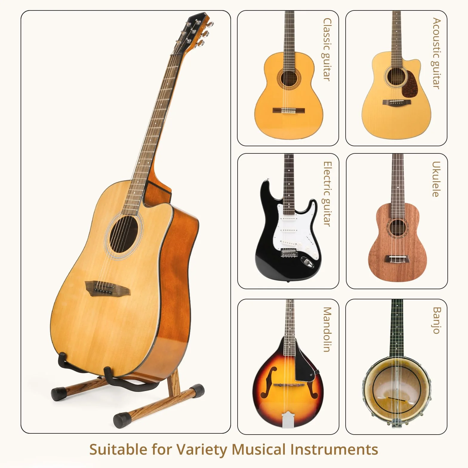 MUSO Stojak na gitarę z naturalnego drewna, składany w kształcie litery A, łatwy montaż i przenośny, do gitary, basu, ukulele, banjo, wiolonczeli, mandoliny, trwały i solidny uchwyt (zebra)