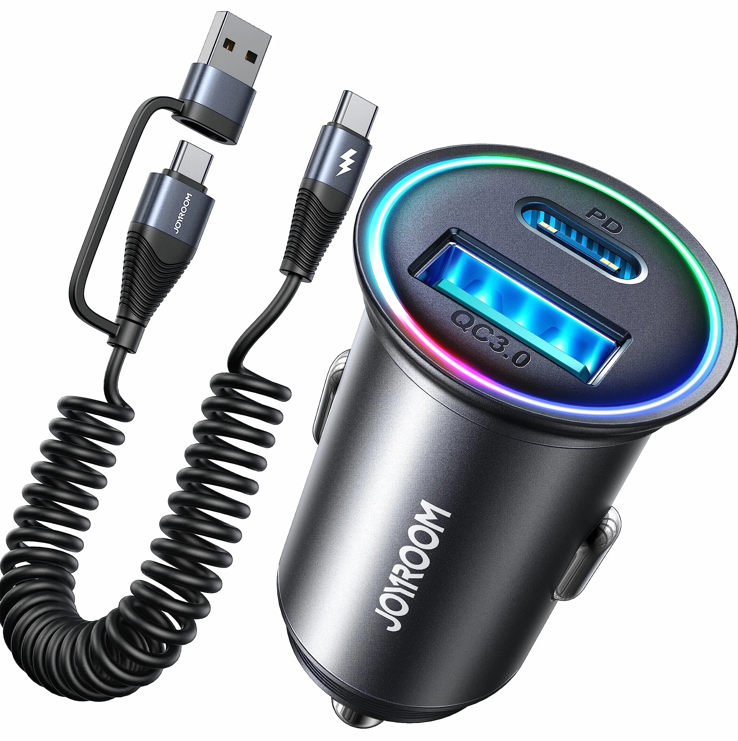 JOYROOM Ładowarka samochodowa 60W PD&QC 3.0 Mini metalowa przejściówka z kablem ładującym USB/C na C o długości 1,5 m Ładowarka samochodowa USB C z lampką LED do iPhone 14 13 12 Pro Max, Samsung, iPad