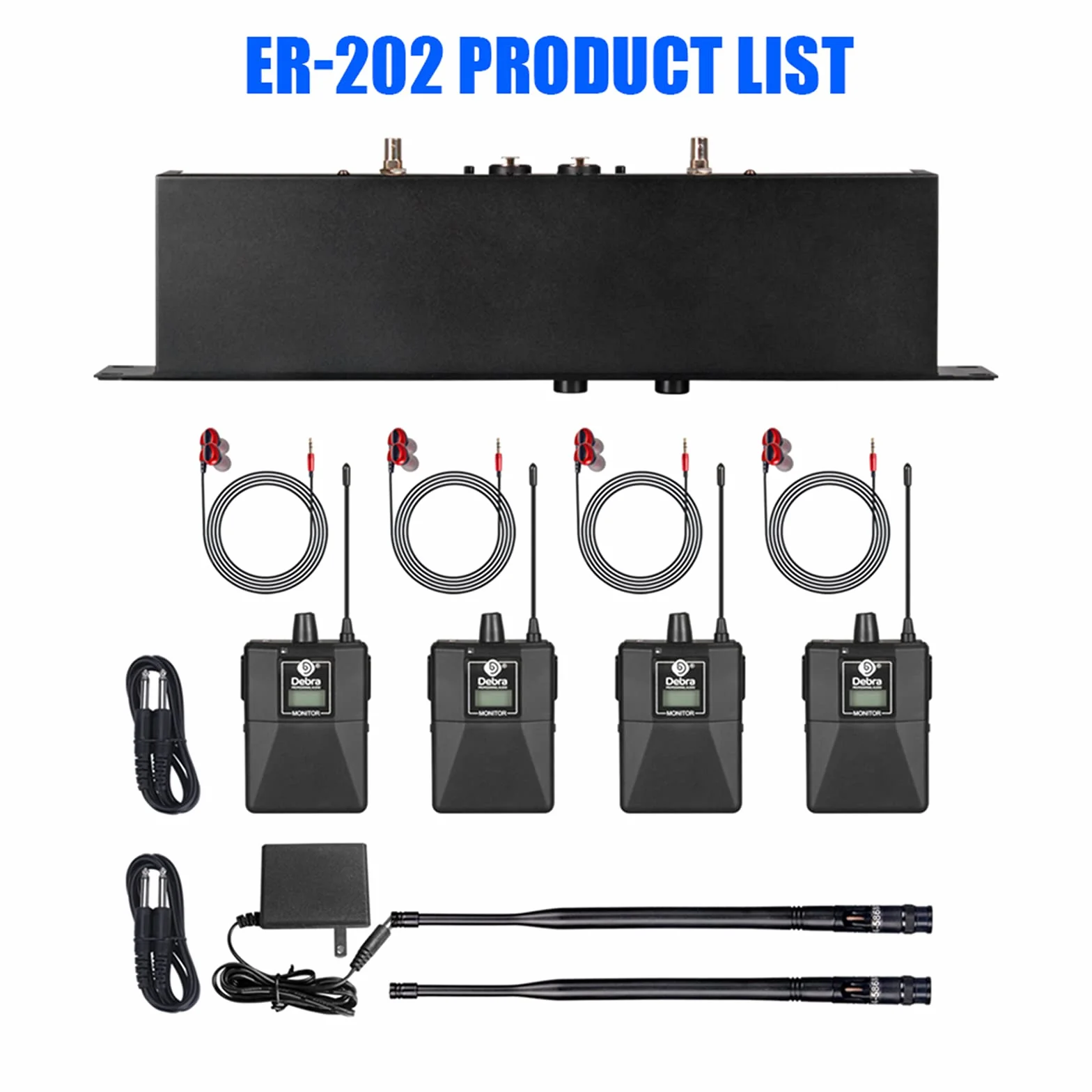 D Debra Audio PRO ER-202 UHF Dwukanałowy bezprzewodowy system nadzoru dousznego z nadajnikiem i odbiornikiem, do studia nagrań, muzyka, nadzoru (4 sztuki w zestawie z nadajnikiem)