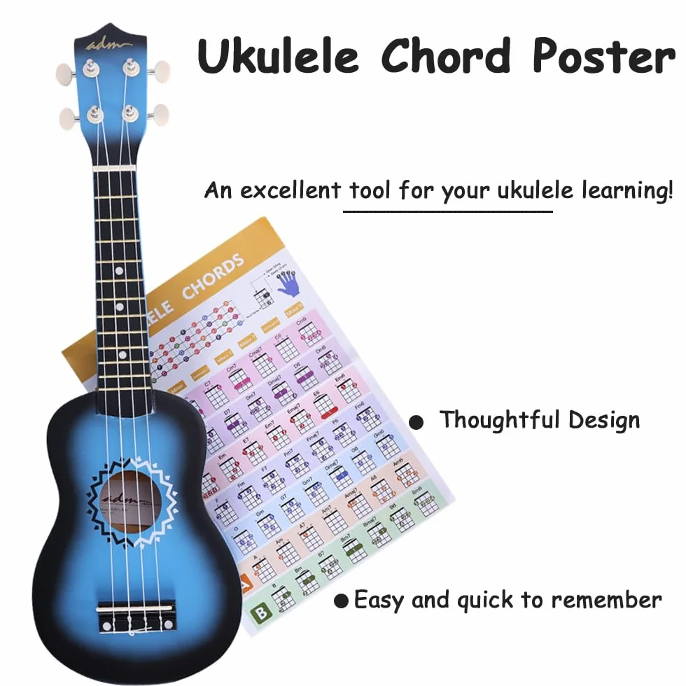 ADM Zestaw ukulele sopranowe dla dzieci i początkujących, zestaw startowy do ukulele z torbą, tuner z klipsem, tęczowe struny, kolorowy pasek, plektron, naklejki na podstrunnicę, karta akordów, AU01L
