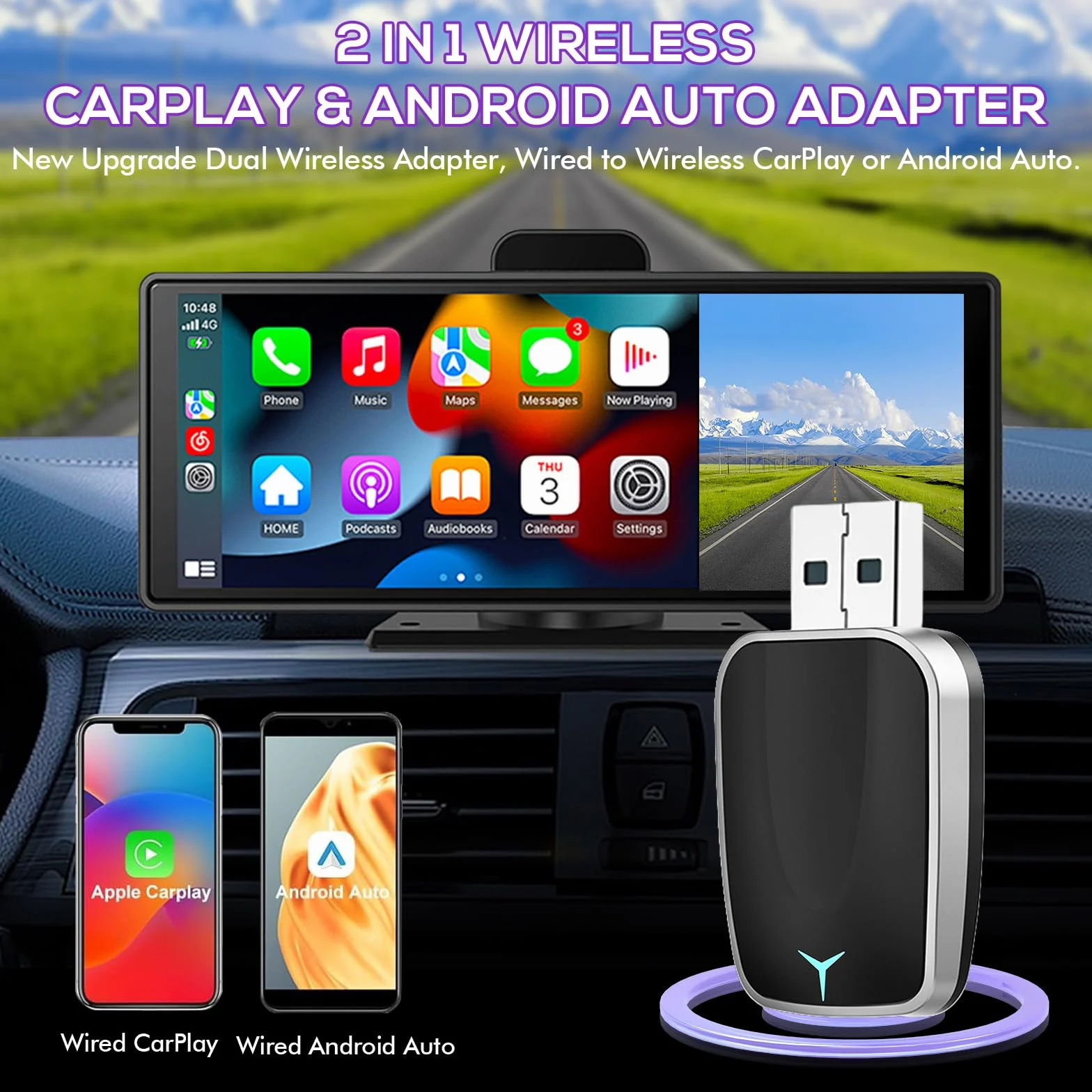 Adapter bezprzewodowy CarPlay 2 w 1 - USB-A/C Mini Android Auto dla iOS 12+ i samochodów z kablem CarPlay, Plug and Play
