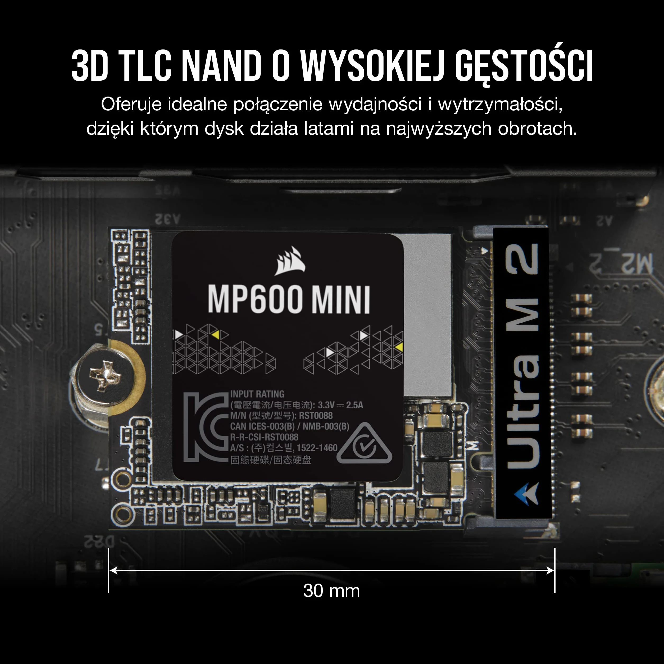 Corsair MP600 MINI 1TB M.2 NVMe PCIe x4 Gen4 2 SSD – M.2 2230 – Szybkość Odczytu do 4800 MB/s – Pamięci TLC NAND o Wysokiej Gęstości – Doskonały do Steam Deck i Microsoft Surface – Czarny