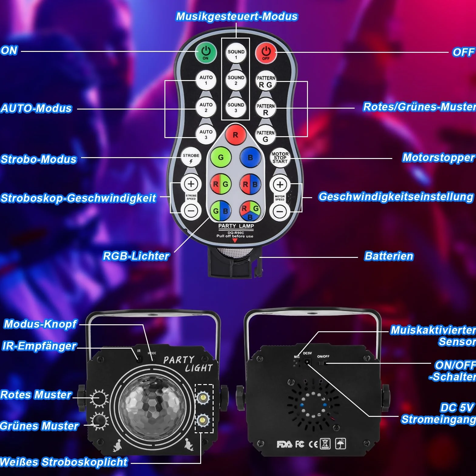 Nigecue 3 w 1 światło dyskotekowe na imprezę z pilotem zdalnego sterowania, światło dyskotekowe sterowane muzyką z stroboskopem, lampa LED DJ na imprezę sterowana głosem, kula dyskotekowa z 2 m kablem