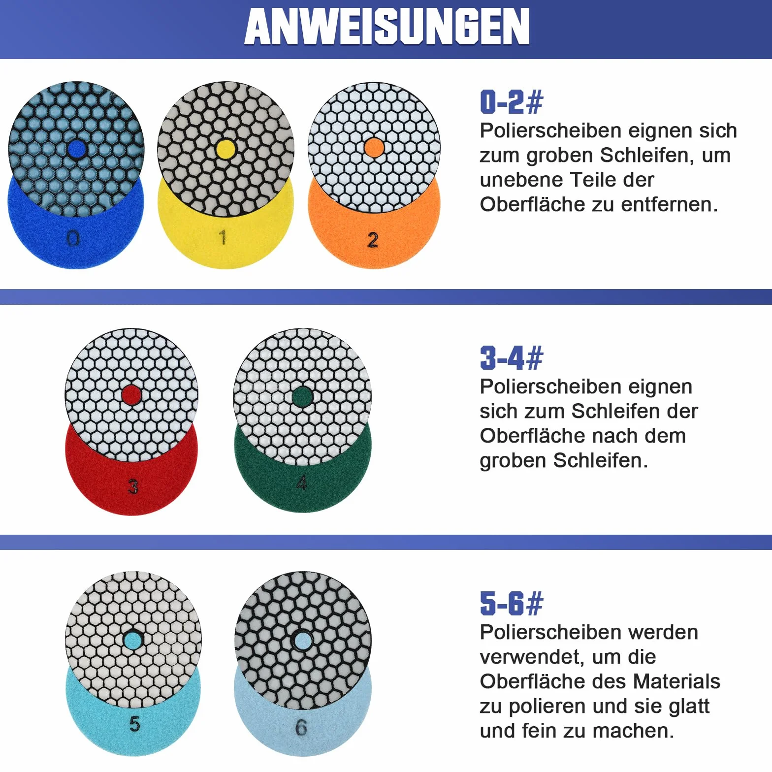 100 mm sucha diamentowa tarcza polerska, 9 sztuk, ziarnistość #50, #100, #200, #400, #800, #1500 i #3000, tarcze polerskie z talerzem podporowym M14, do szlifierek kątowych